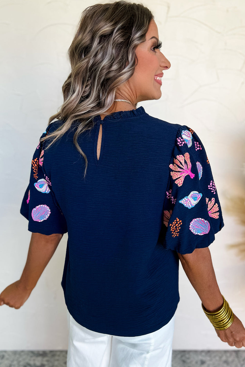 Sail Blue Shellfish Coral Embroidery Puff Sleeve Frilled Neck Blouse-Tops/Blouses & Shirts-[Adult]-[Female]-2022 Online Blue Zone Planet