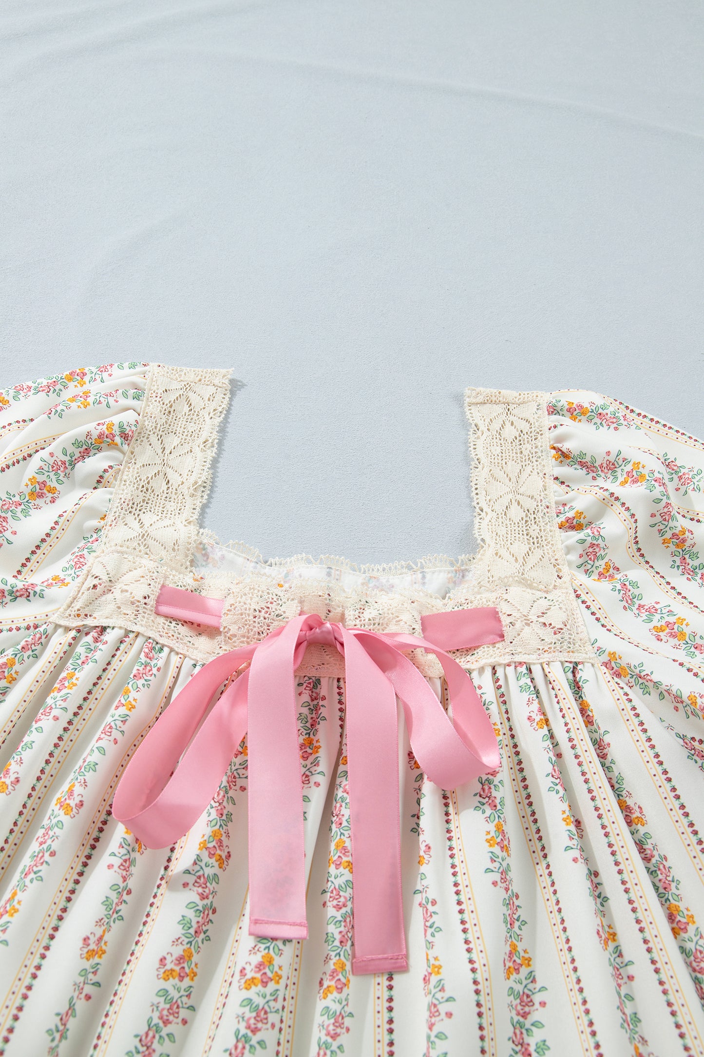Multicolour Floral Print Contrast Ribbon Bow Lace Trim Square Neck Mini Dress-TOPS / DRESSES-[Adult]-[Female]-2022 Online Blue Zone Planet