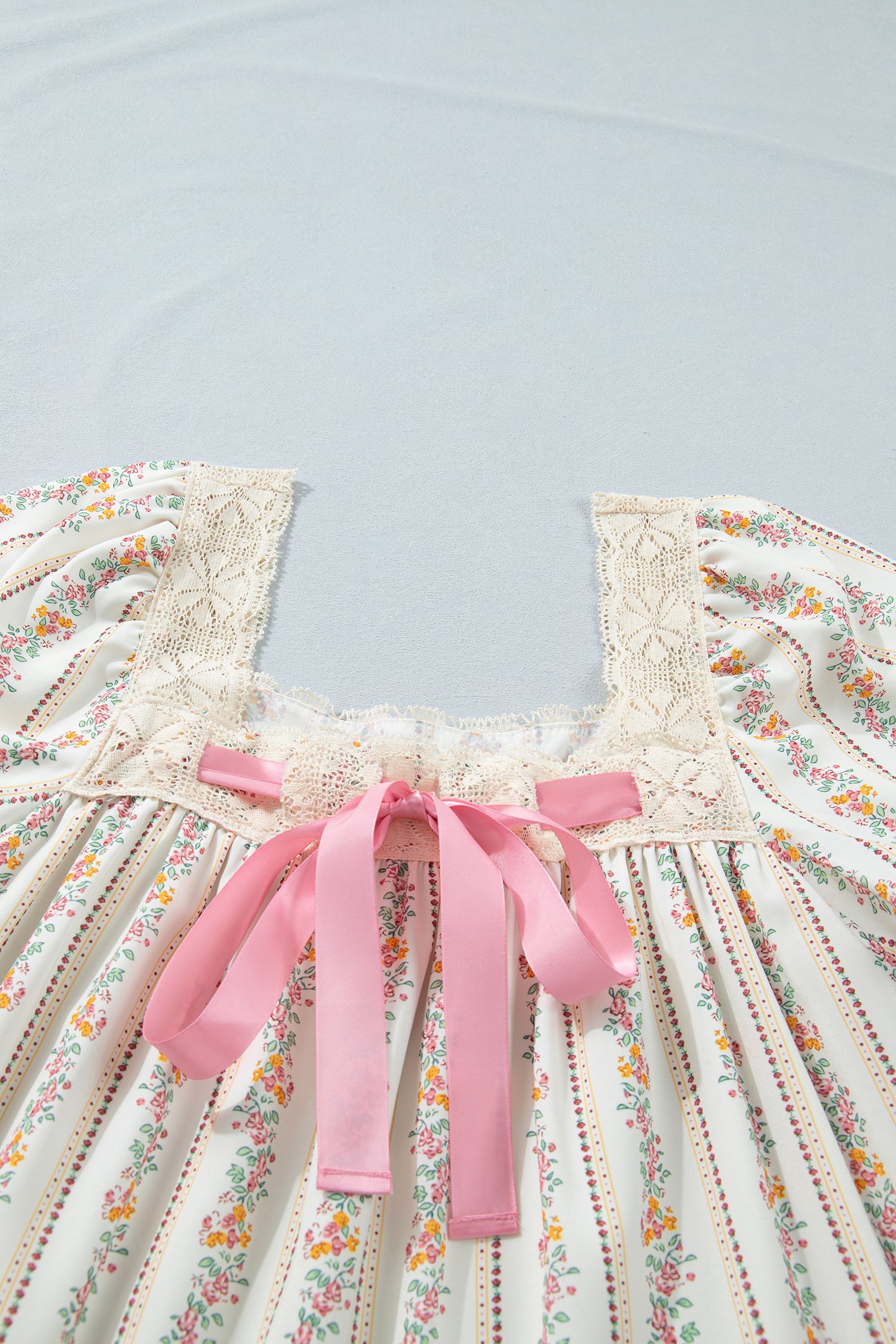 Multicolour Floral Print Contrast Ribbon Bow Lace Trim Square Neck Mini Dress-TOPS / DRESSES-[Adult]-[Female]-2022 Online Blue Zone Planet