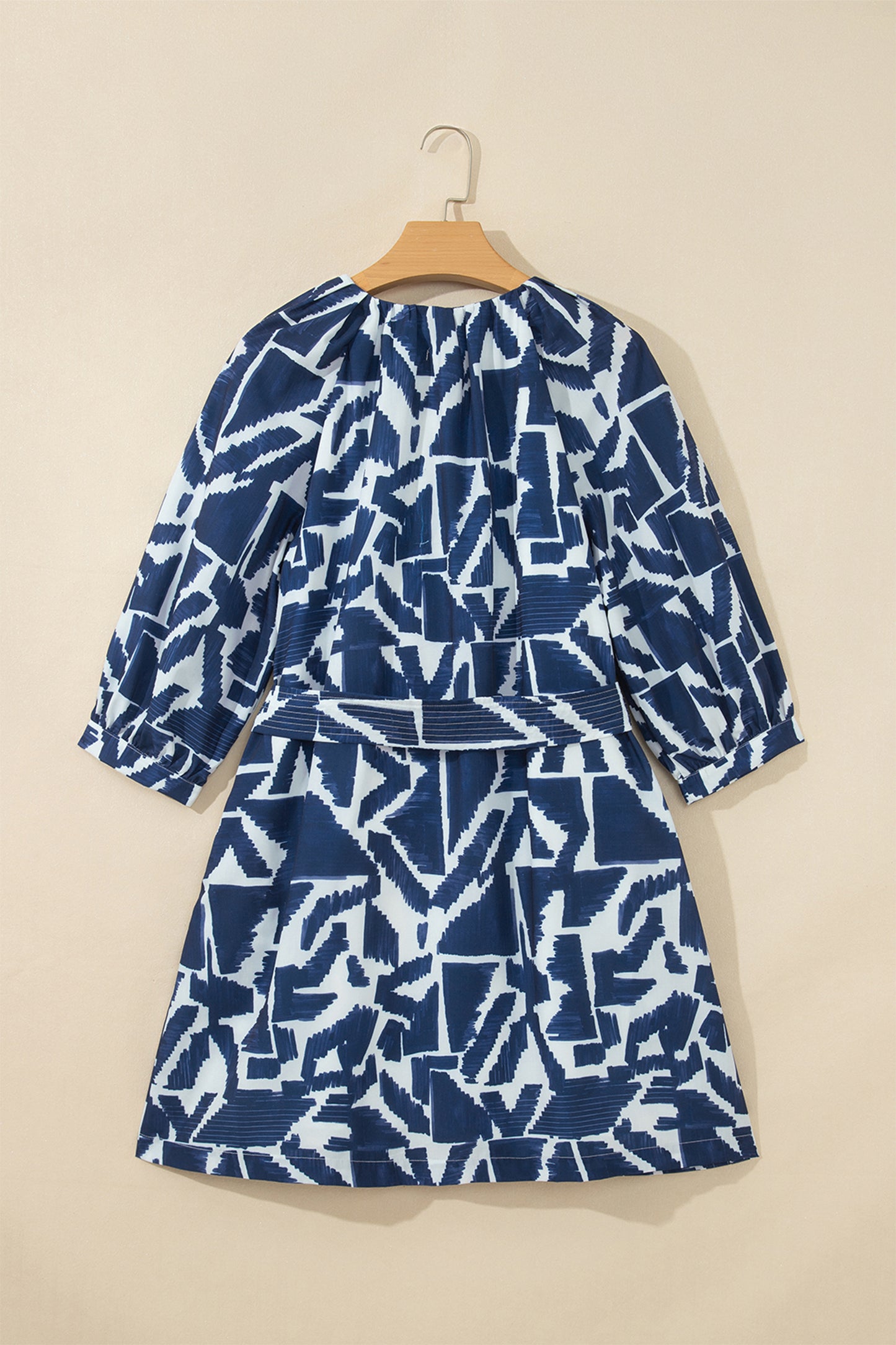 Blue Abstract Geometric Print Zip Front Tie Waist Shift Dress-TOPS / DRESSES-[Adult]-[Female]-2022 Online Blue Zone Planet
