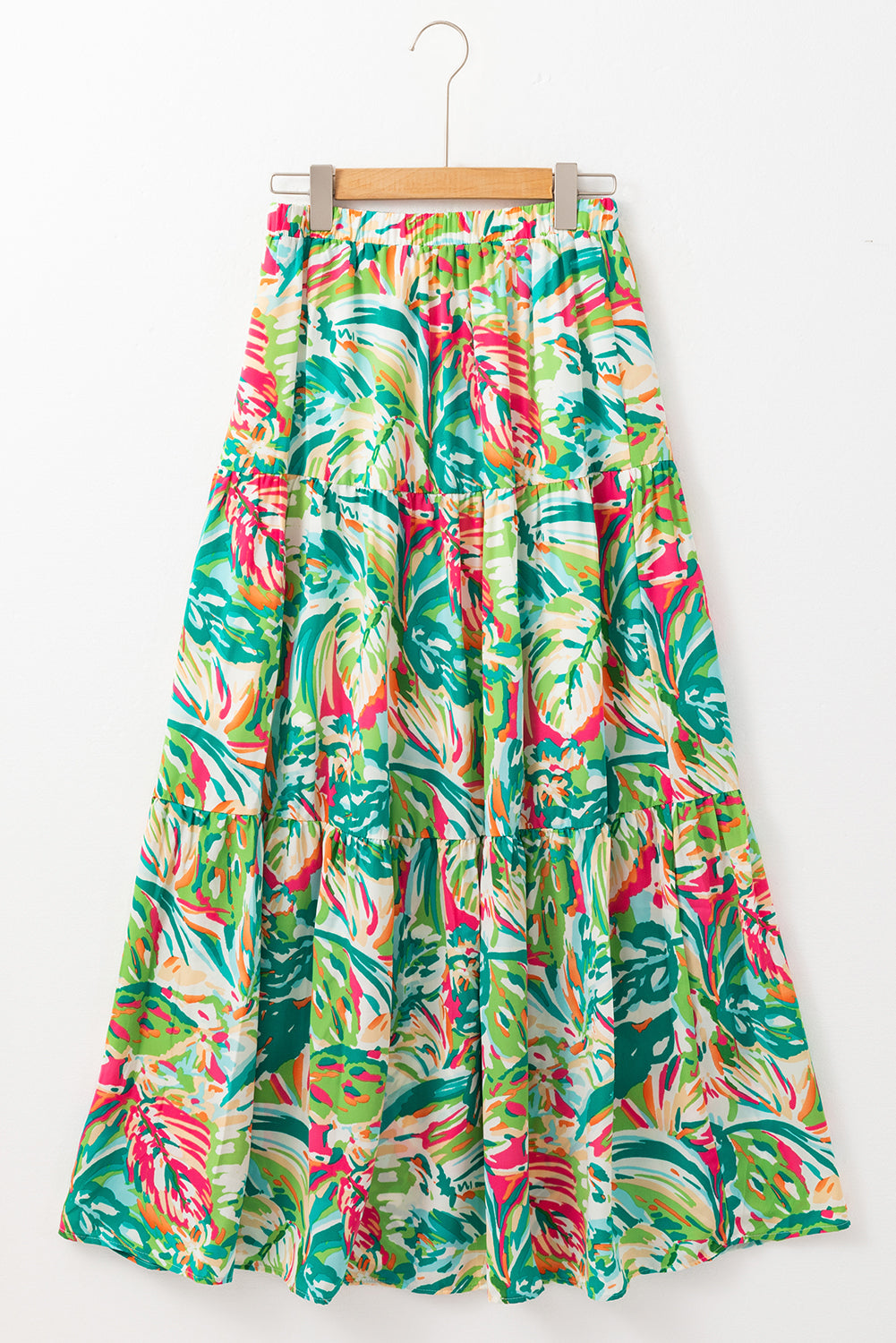 Blue Zone Planet | Green Abstract Printed High Waist Tiered Maxi Skirt-TOPS / DRESSES-[Adult]-[Female]-2022 Online Blue Zone Planet