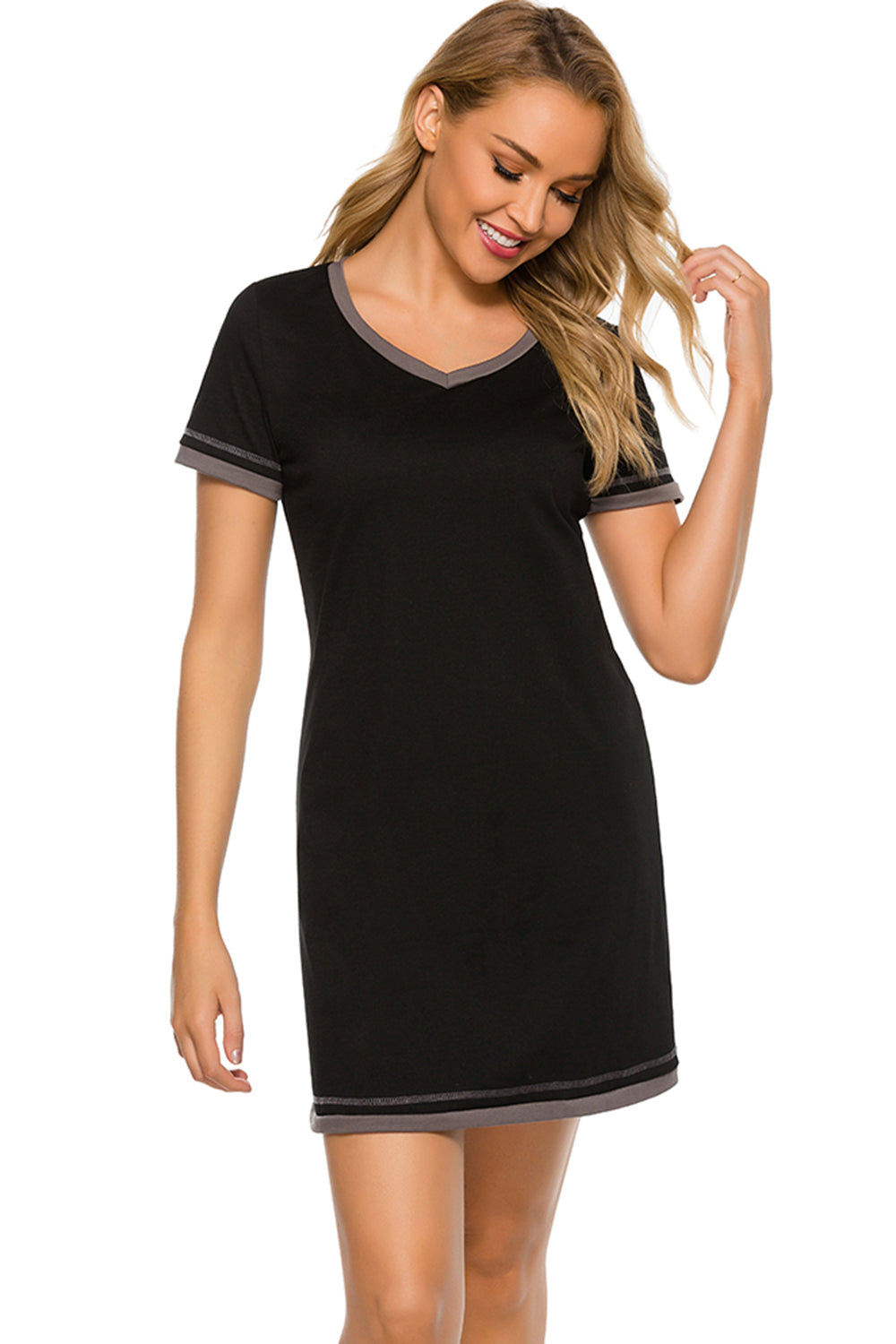 Blue Zone Planet | Contrast Trim Short Sleeve Lounge Dress-TOPS / DRESSES-[Adult]-[Female]-2022 Online Blue Zone Planet