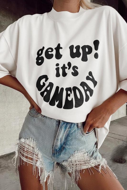 Beige Game Day Slogan Printed Half Sleeve Oversize T Shirt-Tops/Tops & Tees-[Adult]-[Female]-Beige-S-2022 Online Blue Zone Planet