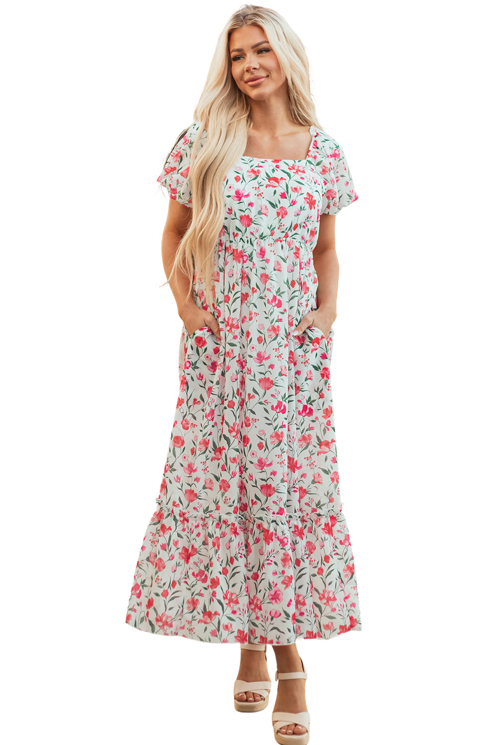 Pink Floral Puff Sleeve Square Neck Empire Waist Tiered Maxi Dress-Dresses/Floral Dresses-[Adult]-[Female]-2022 Online Blue Zone Planet
