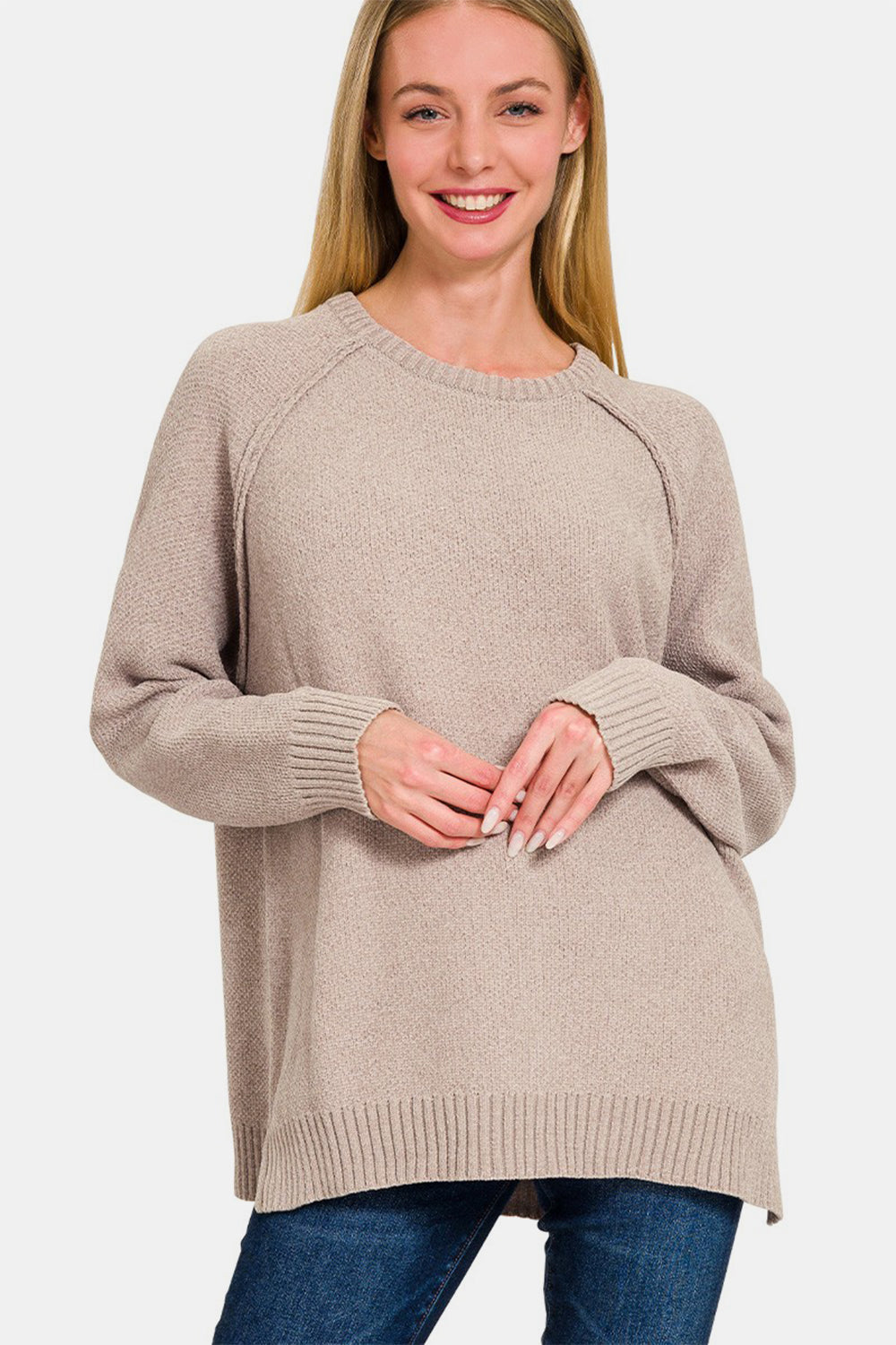 Blue Zone Planet | Zenana Side Slit Raglan Sleeve Sweater-TOPS / DRESSES-[Adult]-[Female]-Light Mocha-S-2022 Online Blue Zone Planet