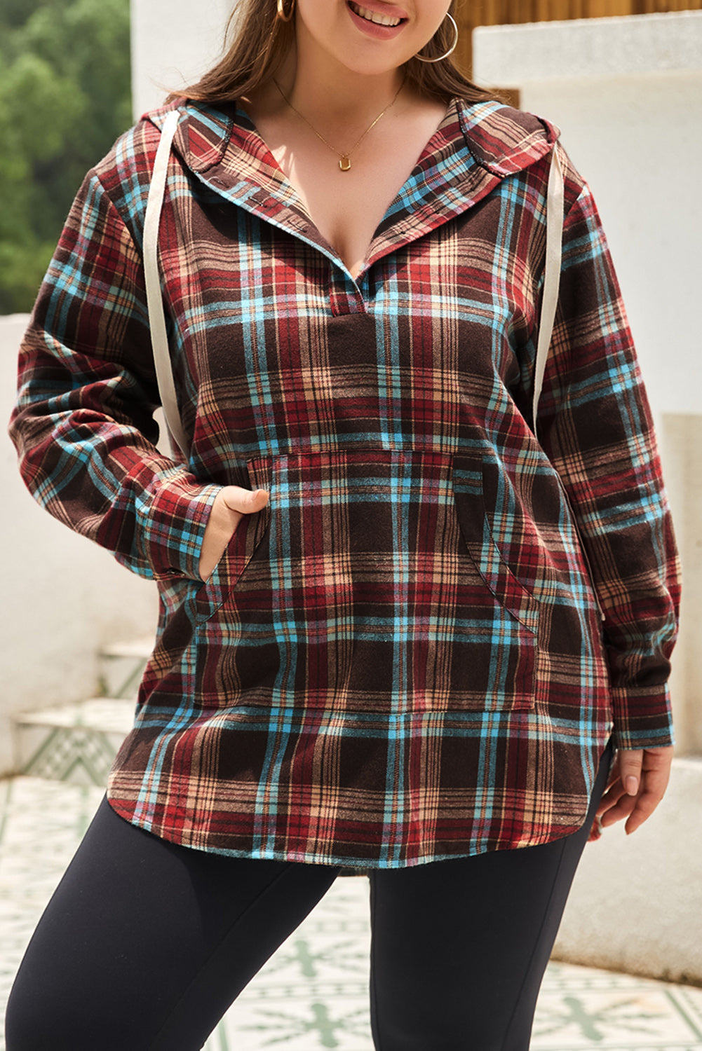 Plus Size Drawstring Plaid Quarter Button Hoodie-TOPS / DRESSES-[Adult]-[Female]-Burgundy-1XL-2022 Online Blue Zone Planet