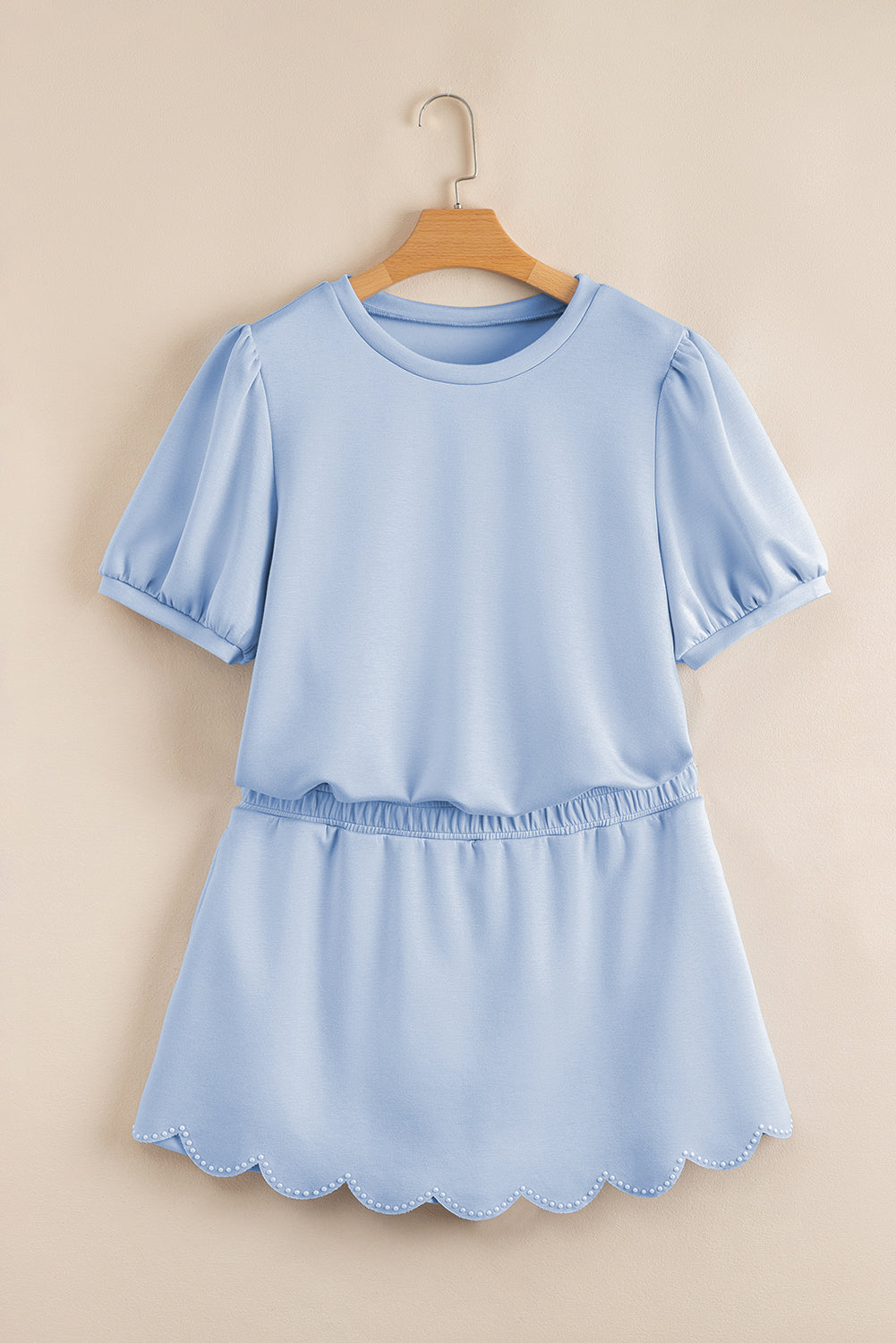 Beau Blue Puff Sleeve Pearl Embellished Scallop Trim Top 2 Piece Skort Set-Two Piece Sets/Two Piece Dresses-[Adult]-[Female]-2022 Online Blue Zone Planet