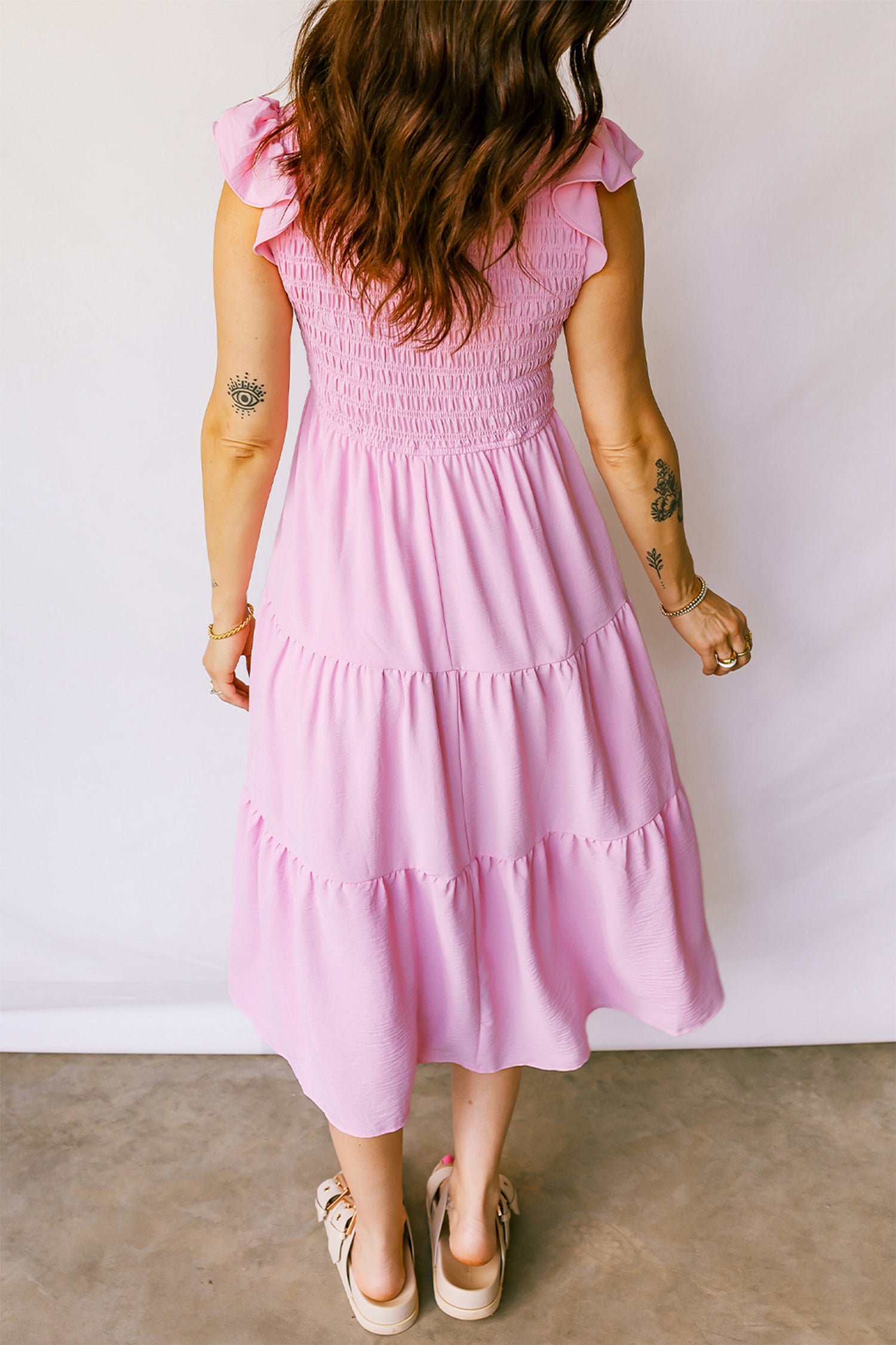 Pink Smocked Bodice Flutter Sleeve Fit Flare Tiered Midi Dress-Dresses/Midi Dresses-[Adult]-[Female]-2022 Online Blue Zone Planet