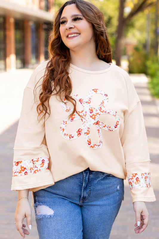 Beige Plus Size Flower Patched Side Slits Crewneck Top-Plus Size/Plus Size Tops/Plus Size Tops & Tees-[Adult]-[Female]-Beige-1X-2022 Online Blue Zone Planet