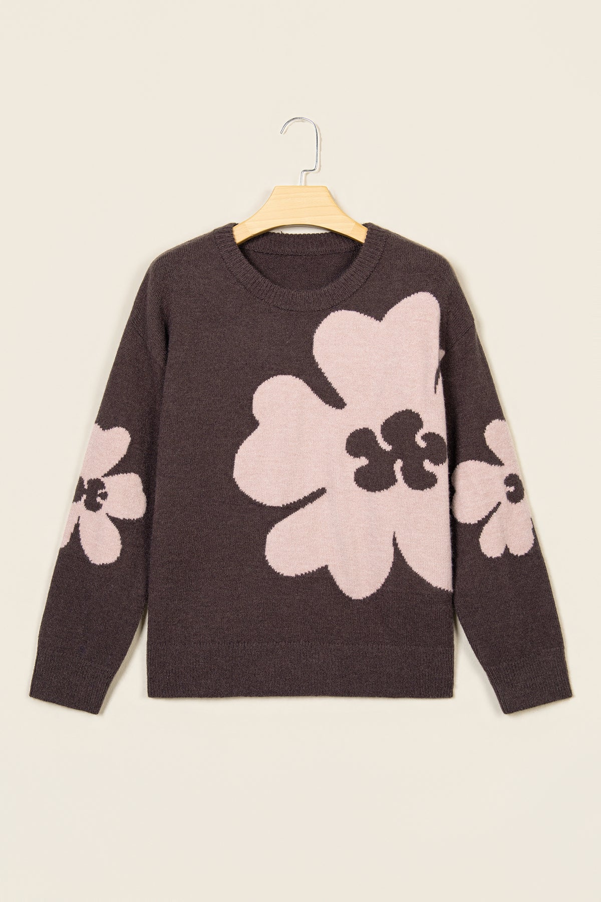 Chicory Coffee Cozy Floral Print Round Neck Dropped Shoulder Casual Sweater-TOPS / DRESSES-[Adult]-[Female]-2022 Online Blue Zone Planet