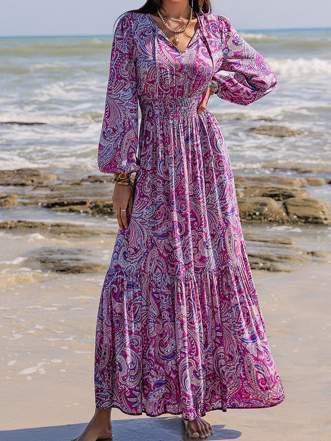 Printed Tie Neck Balloon Sleeve Maxi Dress-TOPS / DRESSES-[Adult]-[Female]-2022 Online Blue Zone Planet