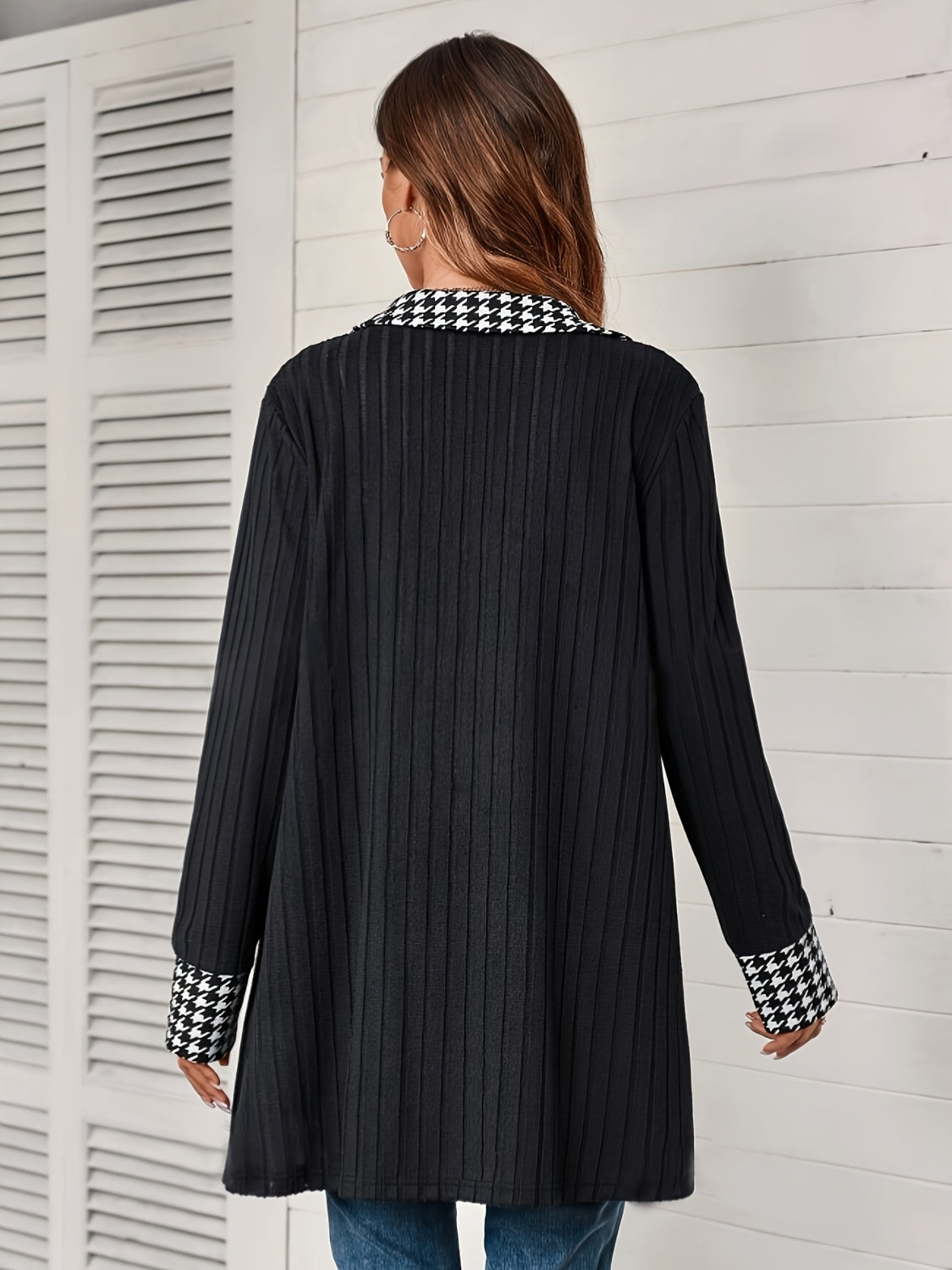 Houndstooth Button Up Long Sleeve Cardigan-TOPS / DRESSES-[Adult]-[Female]-2022 Online Blue Zone Planet