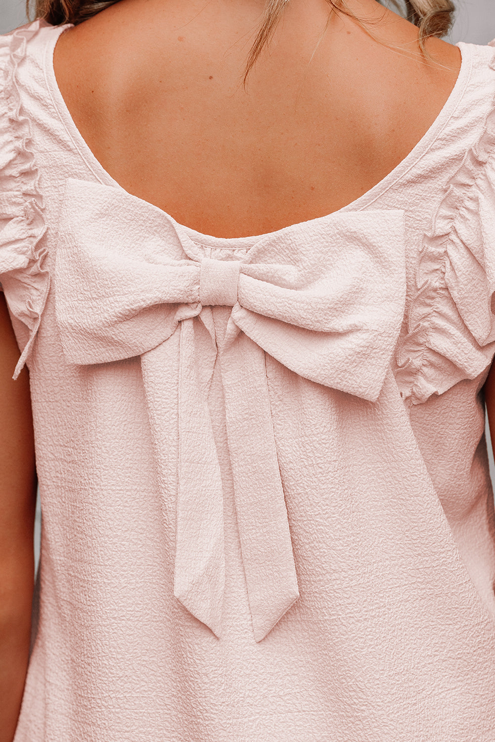 Light Pink Textured Flutter Sleeve Square Neck Bow Back Mini Dress-TOPS / DRESSES-[Adult]-[Female]-2022 Online Blue Zone Planet