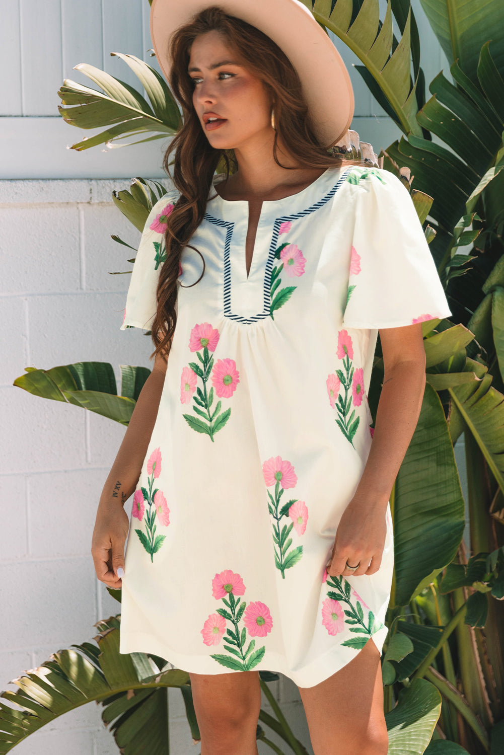 Apricot Floral Short Sleeve Split Neck Loose Mini Dress-TOPS / DRESSES-[Adult]-[Female]-2022 Online Blue Zone Planet
