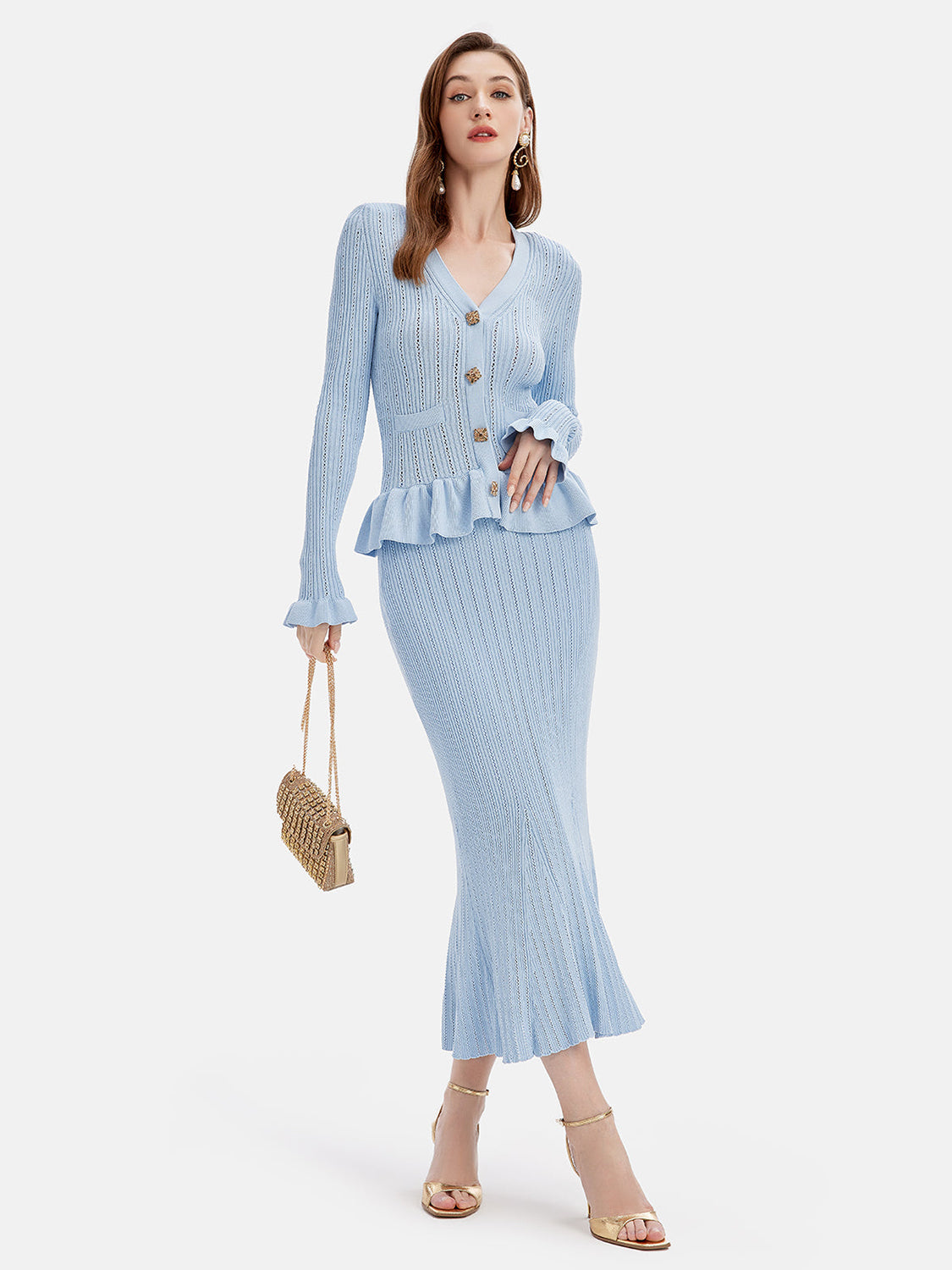 Blue Zone Planet | Ruffled V-Neck Top and Midi Skirt Sweater Set-TOPS / DRESSES-[Adult]-[Female]-Light Blue-One Size-2022 Online Blue Zone Planet