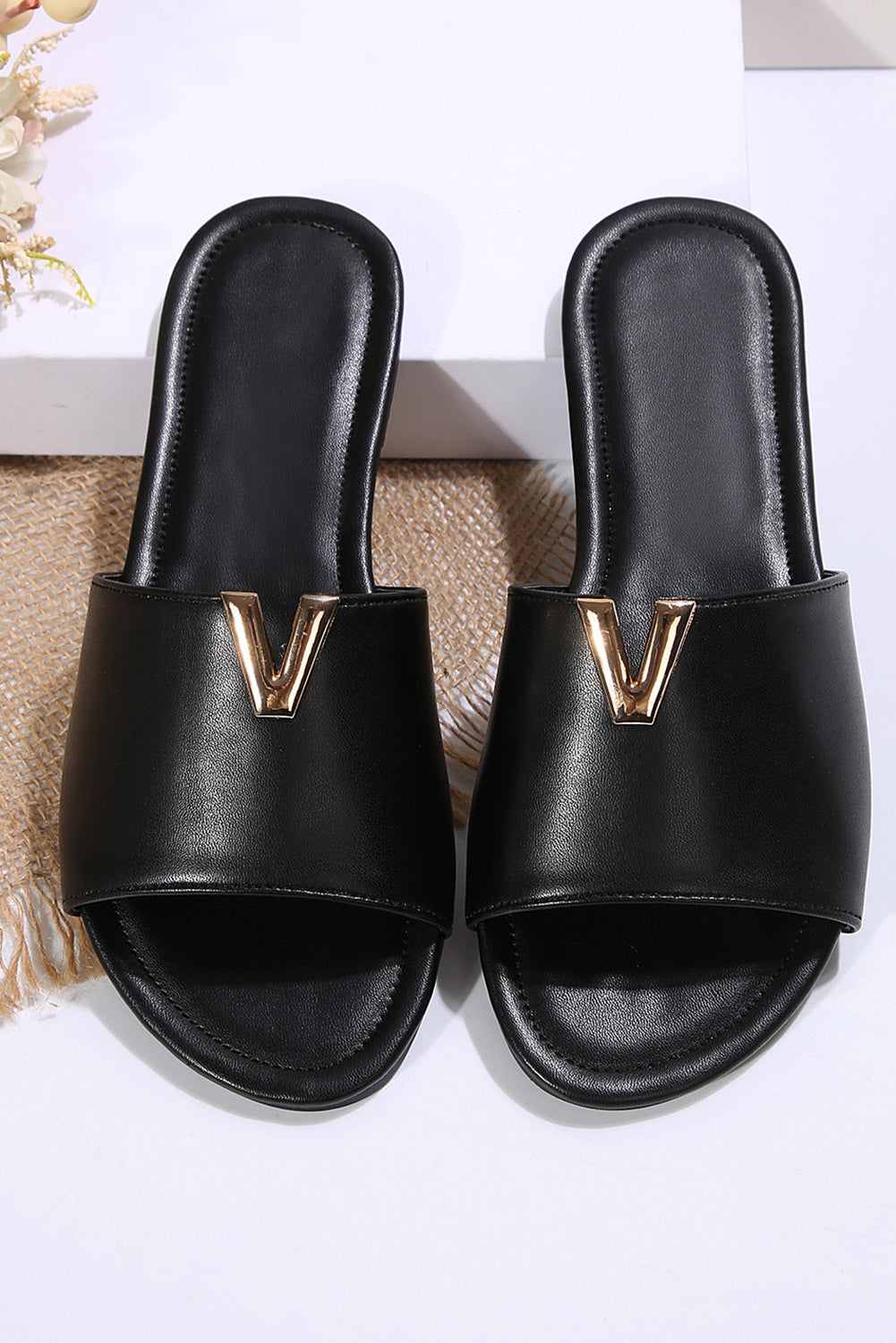 Black V Shape Metal Decor Open Toe Slippers-Slides Shoes + Flip Flops-[Adult]-[Female]-2022 Online Blue Zone Planet