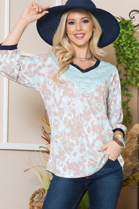 Celeste Full Size Leaf Print Contrast Trim Balloon Sleeve Top-TOPS / DRESSES-[Adult]-[Female]-Mint/Taupe-S-2022 Online Blue Zone Planet