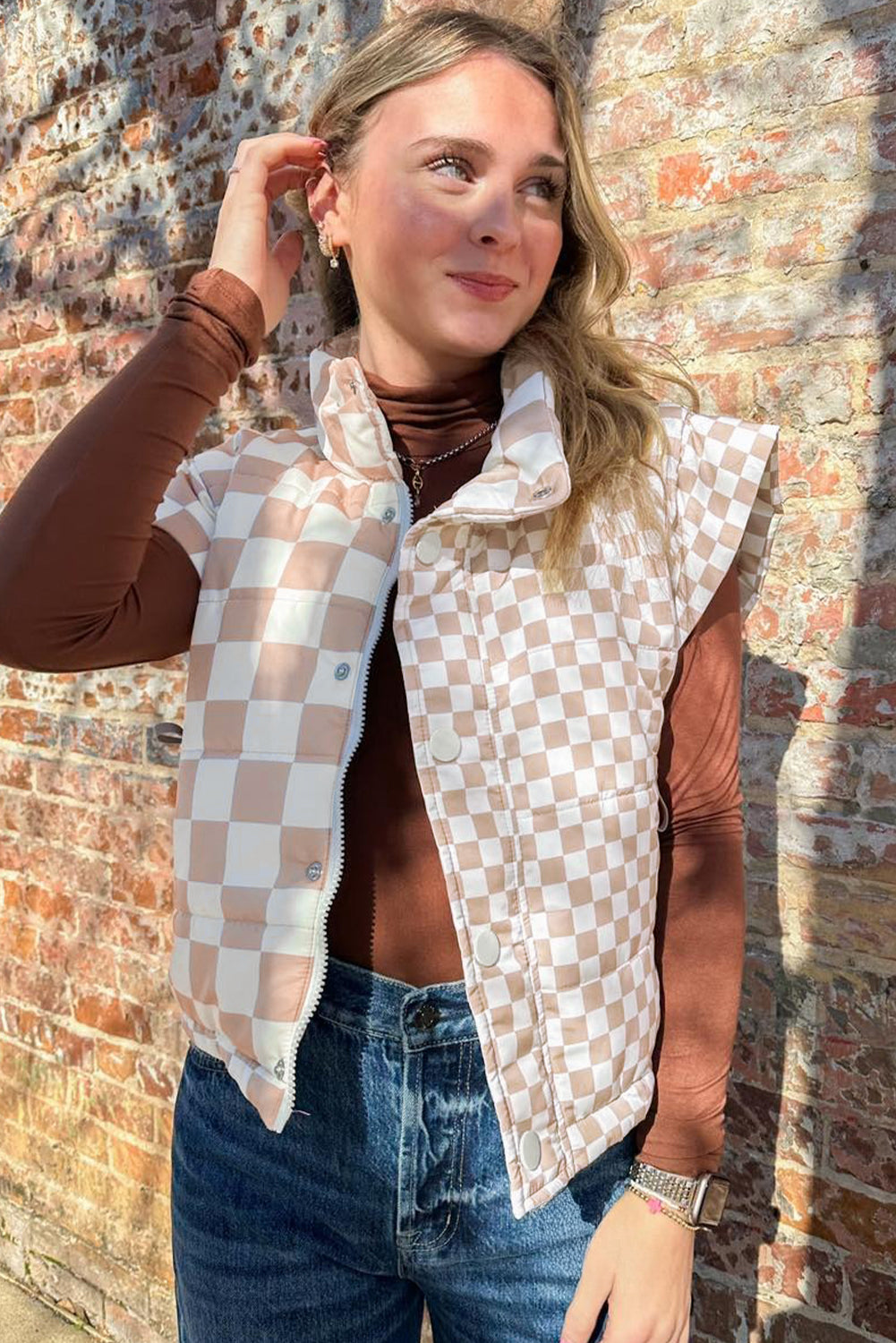 Khaki Contrast Plaid Quilted Button Zip Up Vest-TOPS / DRESSES-[Adult]-[Female]-2022 Online Blue Zone Planet