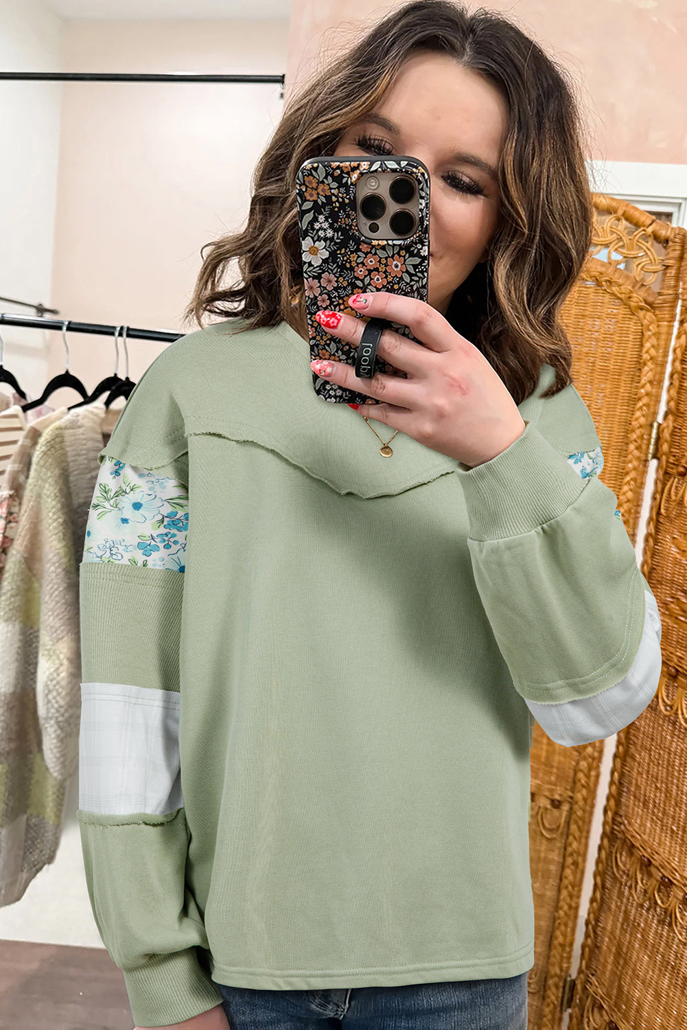 Laurel Green Floral Plaid Mixed Sleeve Raw Edge Relaxed French Terry Top-Tops/Long Sleeve Tops-[Adult]-[Female]-2022 Online Blue Zone Planet