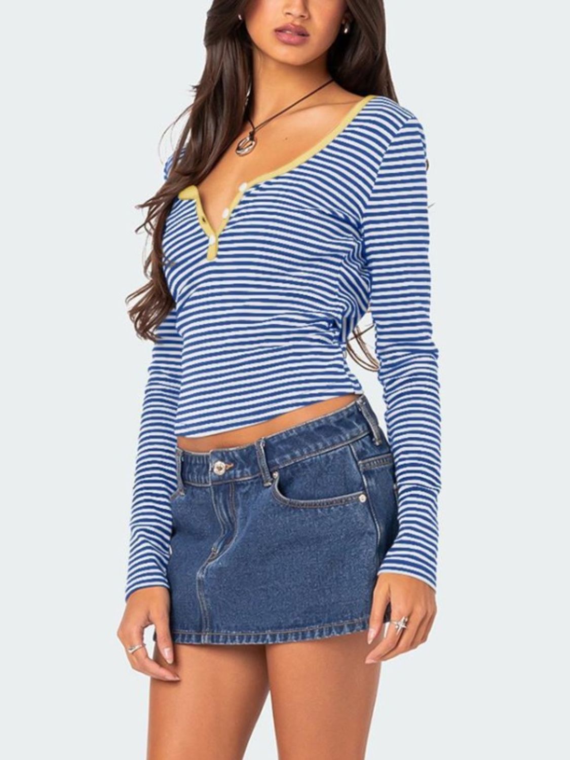 Buttoned Striped Long Sleeve T-Shirt-TOPS / DRESSES-[Adult]-[Female]-2022 Online Blue Zone Planet