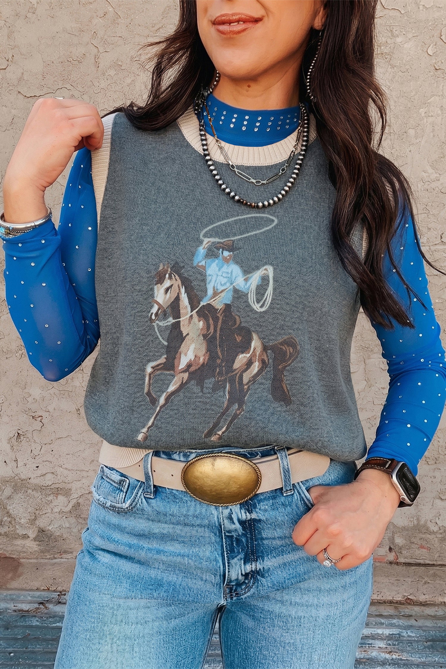 Khaki Western Print Colorblock Sleeveless Knit Vest Regular Length-Sweaters & Cardigans/Sweater Vests-[Adult]-[Female]-2022 Online Blue Zone Planet
