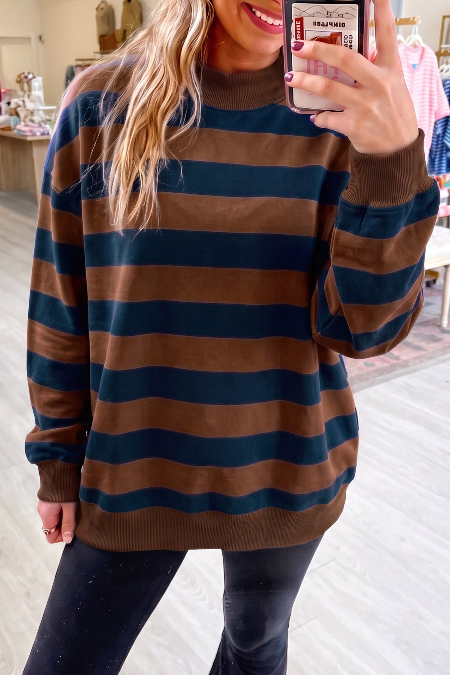 Brown Stripe Colorblock Mock Neck Relaxed Sweatshirt