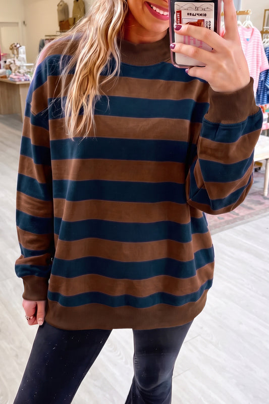 Brown Stripe Colorblock Mock Neck Relaxed Sweatshirt-Tops/Sweatshirts & Hoodies-[Adult]-[Female]-Brown Stripe-S-2022 Online Blue Zone Planet