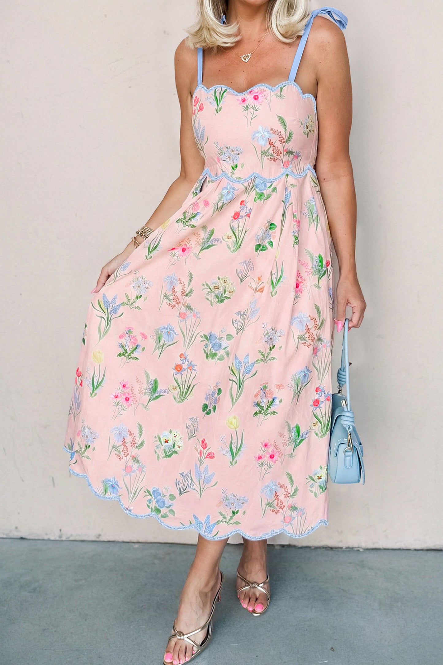 Beige Floral Print Contrast Trim Self-tie Straps High Waist Midi Dress-Dresses/Floral Dresses-[Adult]-[Female]-Pink-S-2022 Online Blue Zone Planet