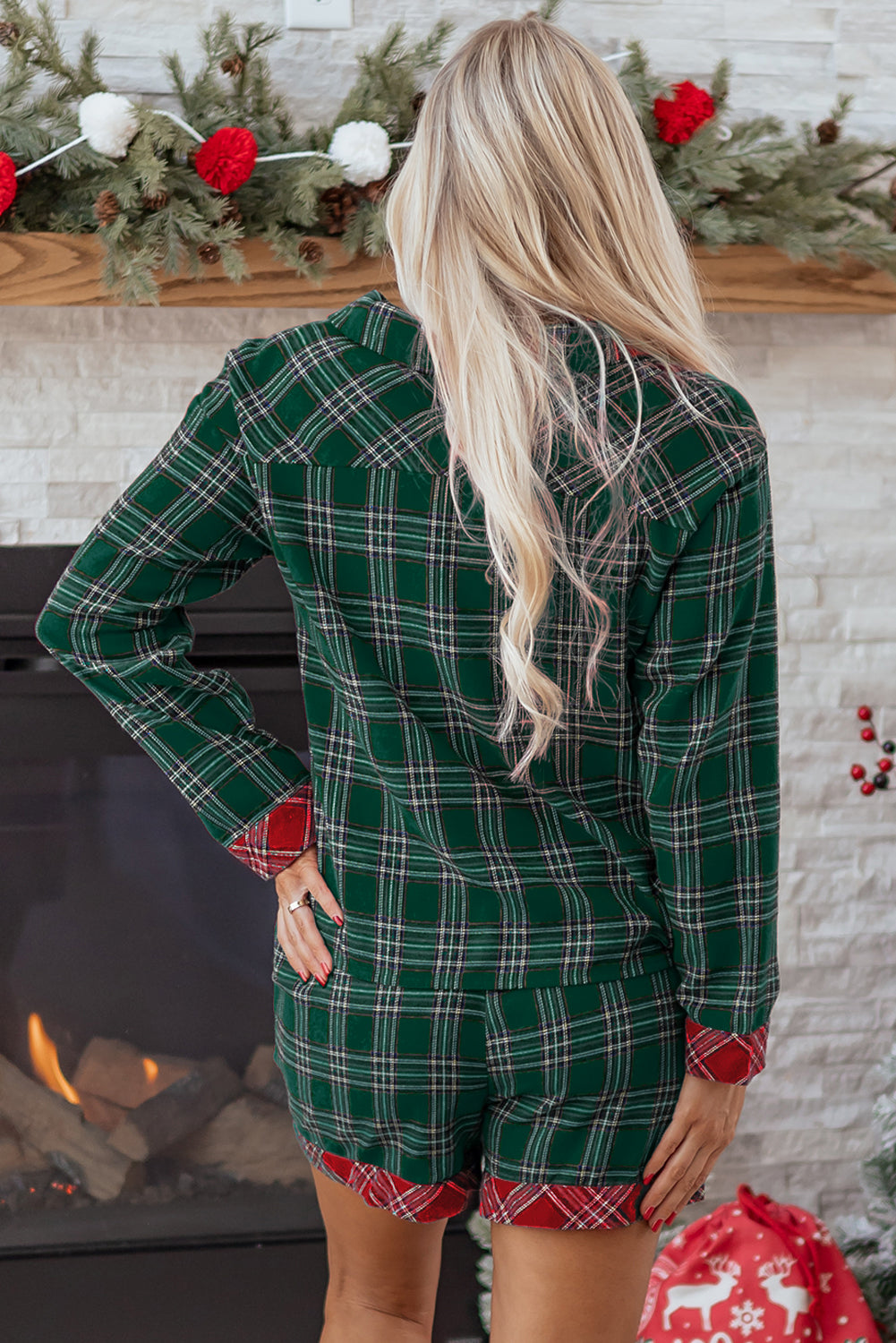 Green Plaid Contrast Patched Christmas Holiday Long Sleeve Shirt and Short 2pcs Pajama Set-Loungewear & Sleepwear/Sleepwear-[Adult]-[Female]-2022 Online Blue Zone Planet