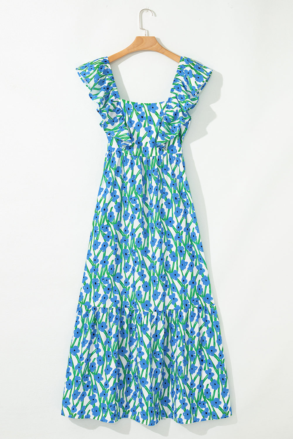 Blue Floral Print Square Neck Ruffled Strap Maxi Dress-TOPS / DRESSES-[Adult]-[Female]-2022 Online Blue Zone Planet