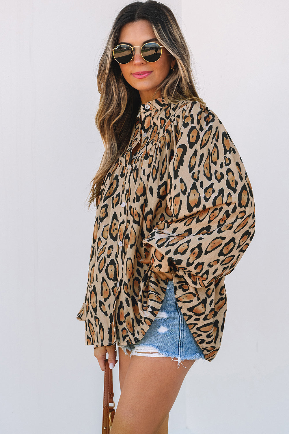 Blue Zone Planet | Jet Stream Oversized Leopard Print Balloon Sleeve Casual Shirt-Tops/Blouses & Shirts-[Adult]-[Female]-2022 Online Blue Zone Planet