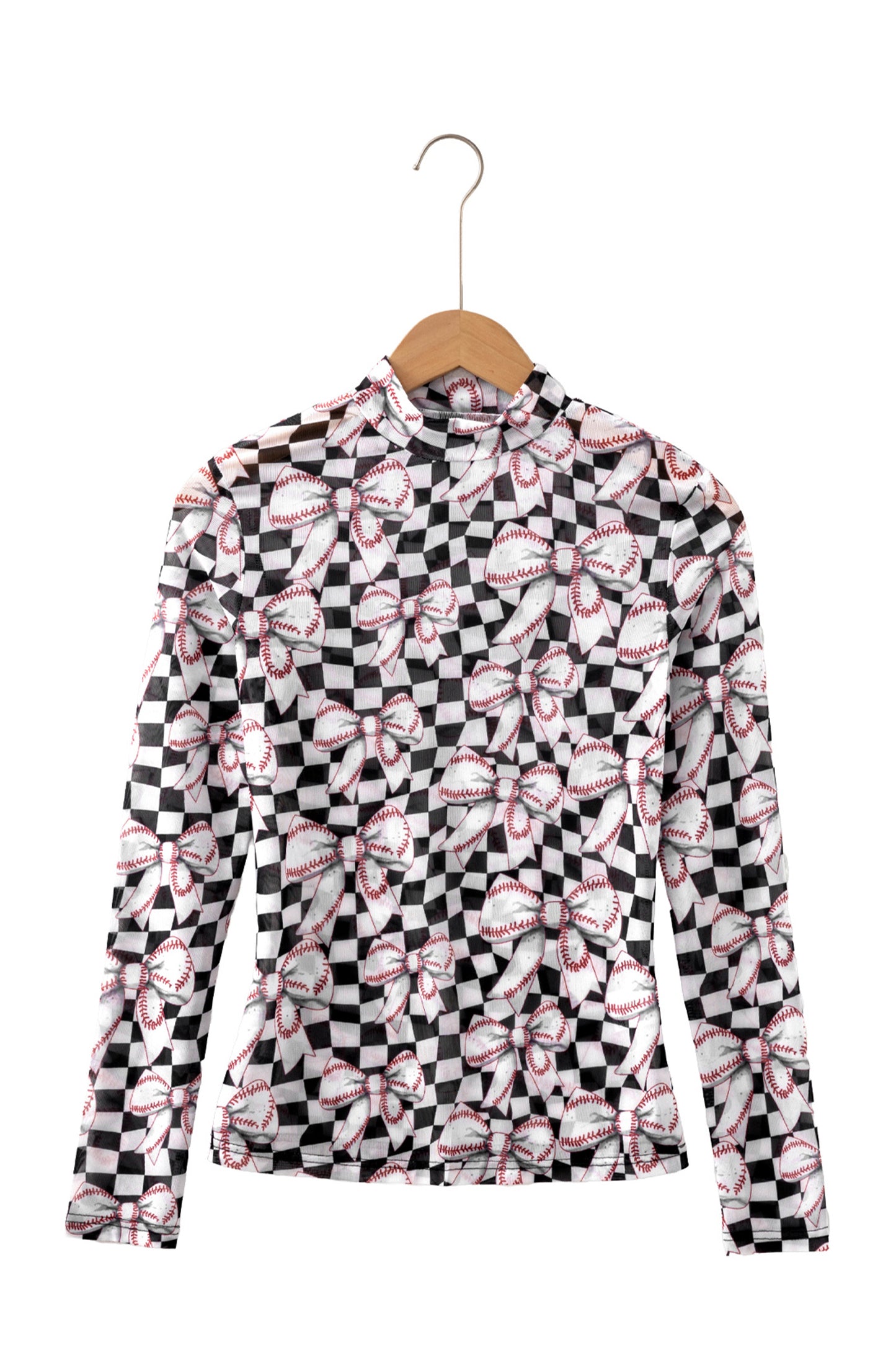 Black High Neck Plaid Baseball Bow Long Sleeve Pullover Tops-Tops/Long Sleeve Tops-[Adult]-[Female]-2022 Online Blue Zone Planet