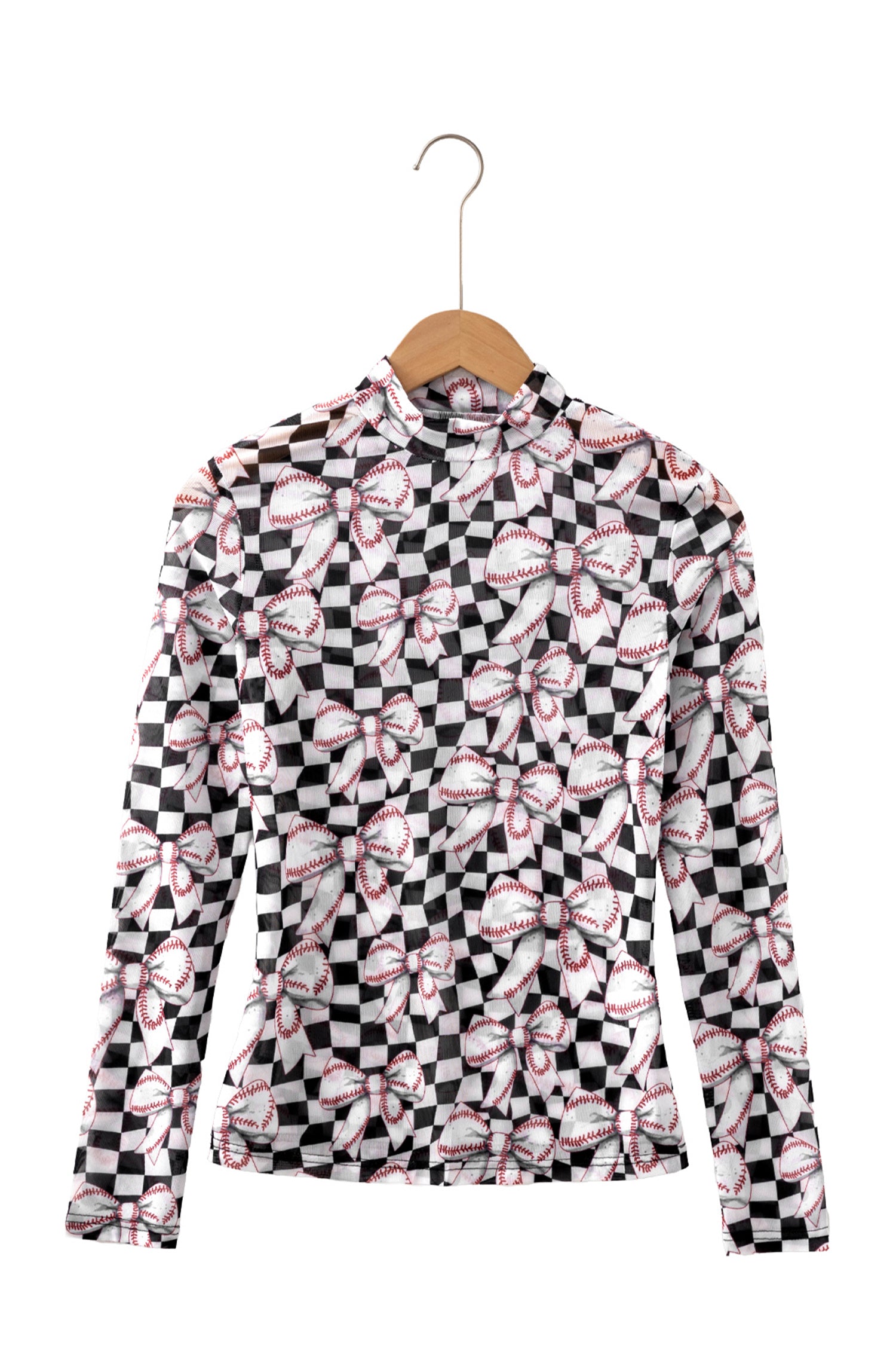 Black High Neck Plaid Baseball Bow Long Sleeve Pullover Tops-Tops/Long Sleeve Tops-[Adult]-[Female]-2022 Online Blue Zone Planet