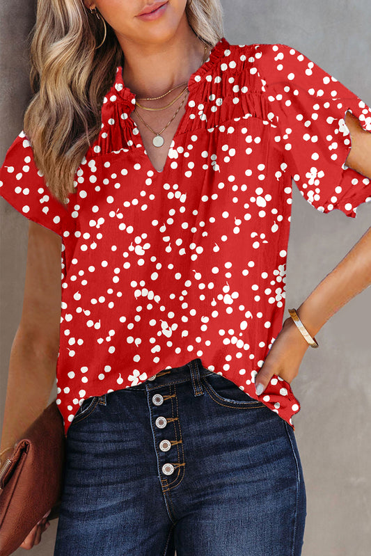 Red Polka Dot Print Frilly Smocked Neck Short Sleeve Blouse-Tops/Blouses & Shirts-[Adult]-[Female]-Red-S-2022 Online Blue Zone Planet