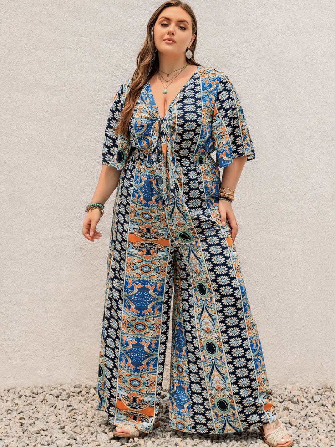 Blue Zone Planet | Plus Size Printed Half Sleeve Wide Leg Jumpsuit-TOPS / DRESSES-[Adult]-[Female]-Peacock Blue-0XL-2022 Online Blue Zone Planet