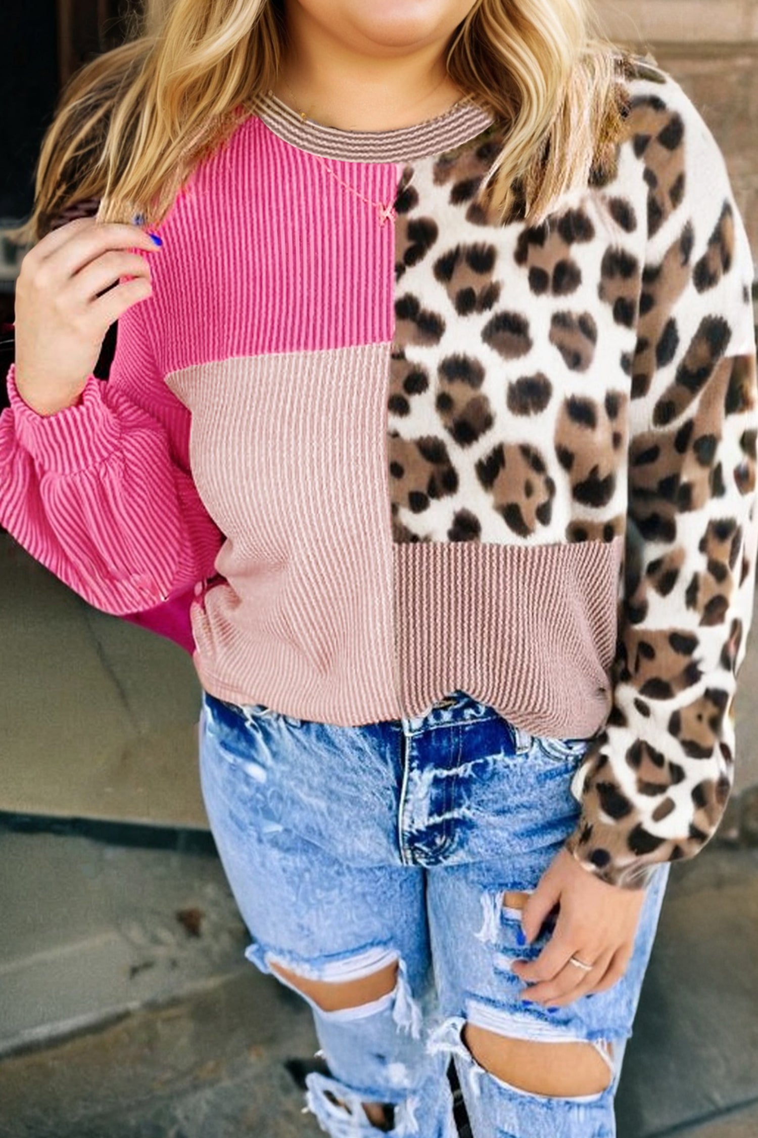 Rose Red Plus Size Twisted Ribbed Color Block Leopard Patchwork Long Sleeve Top-Plus Size/Plus Size Tops-[Adult]-[Female]-Rose Red-1X-2022 Online Blue Zone Planet