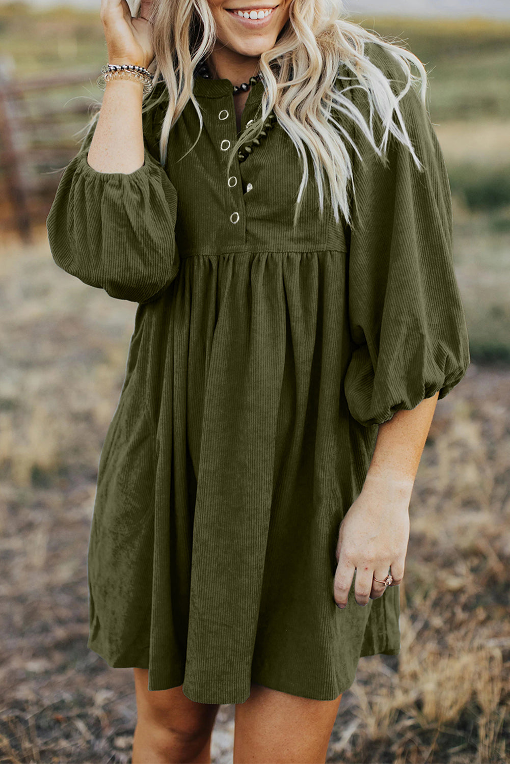 Vineyard Green Corduroy Snap Buttons Empire Waist Bracelet Sleeve Dress-Dresses/Mini Dresses-[Adult]-[Female]-Vineyard Green-S-2022 Online Blue Zone Planet