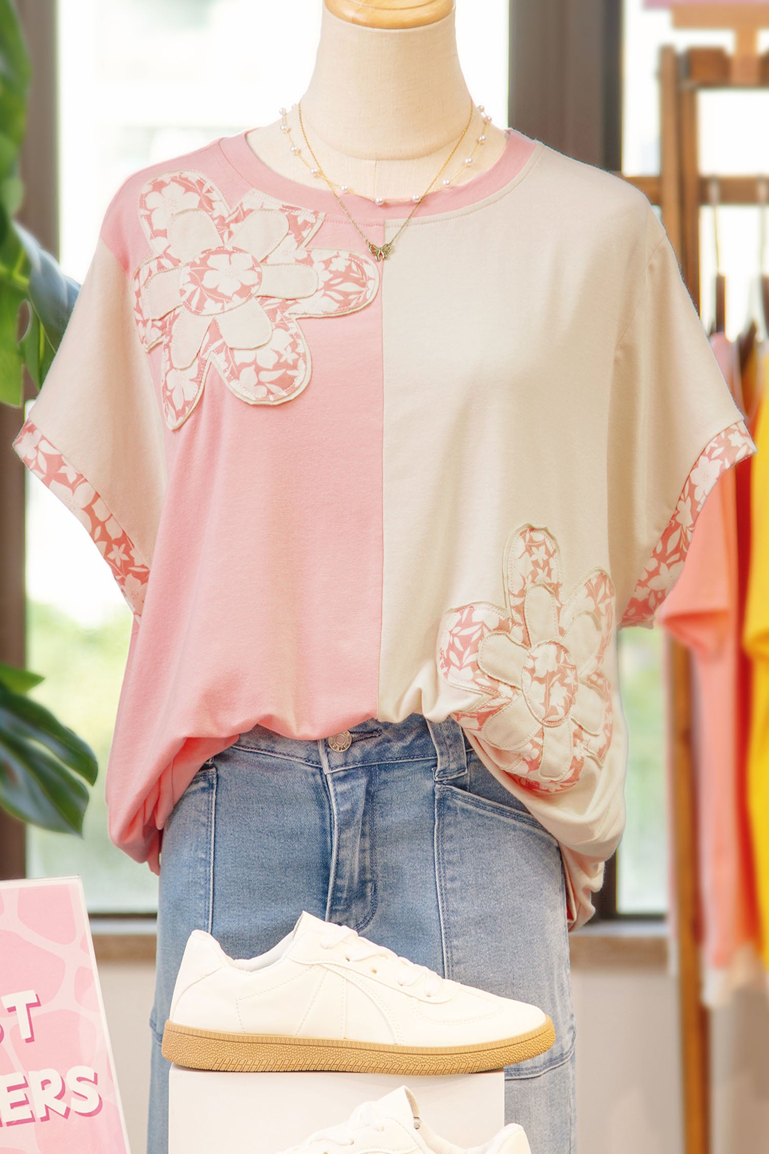 Apricot Color Block Flower Patched Loose T Shirt-Tops/Tops & Tees-[Adult]-[Female]-2022 Online Blue Zone Planet