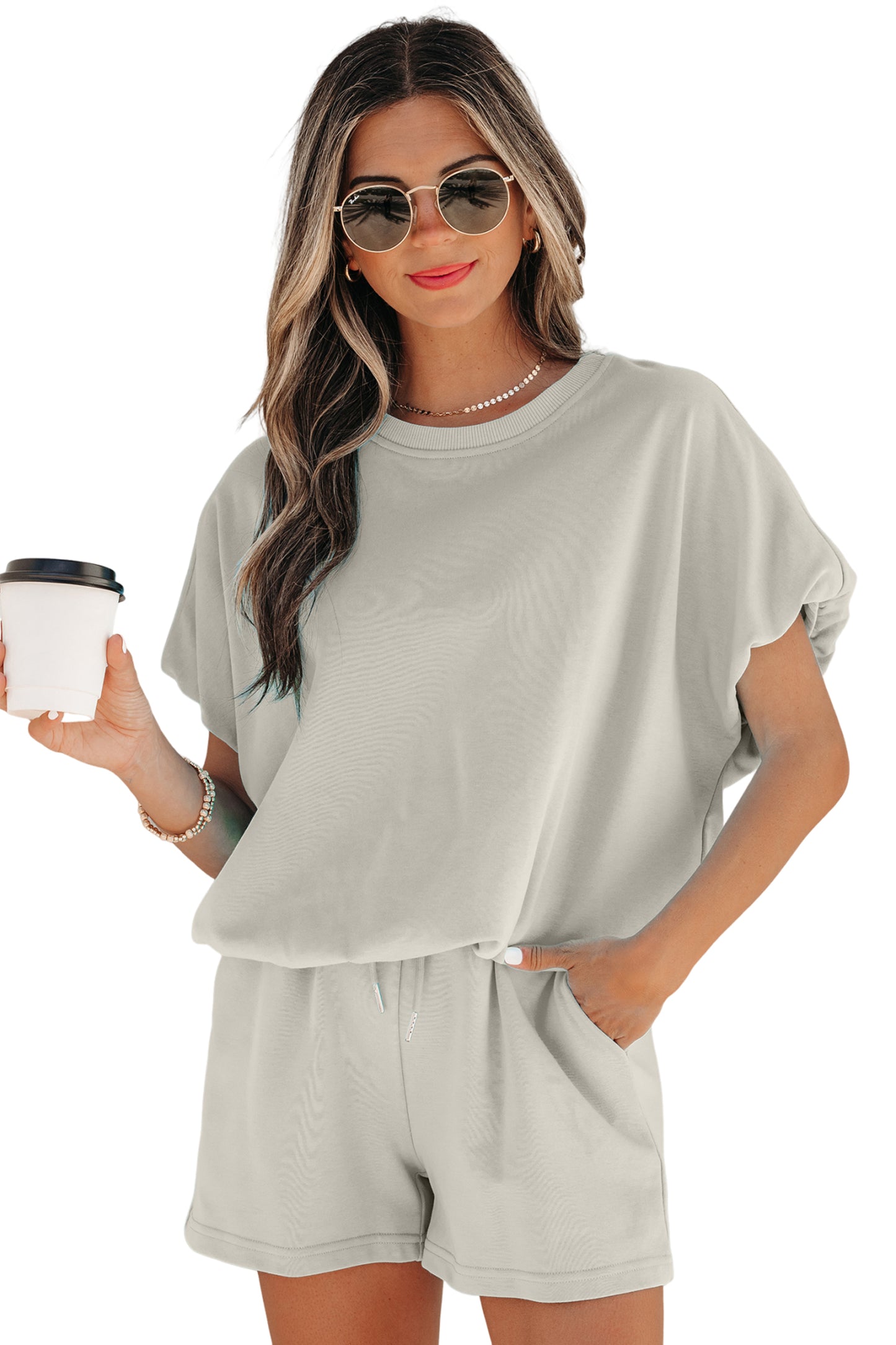 Smoke Gray Solid Color Puffy Loose Top Drawstring Shorts 2pcs Outfit-Two Piece Sets/Short Sets-[Adult]-[Female]-2022 Online Blue Zone Planet