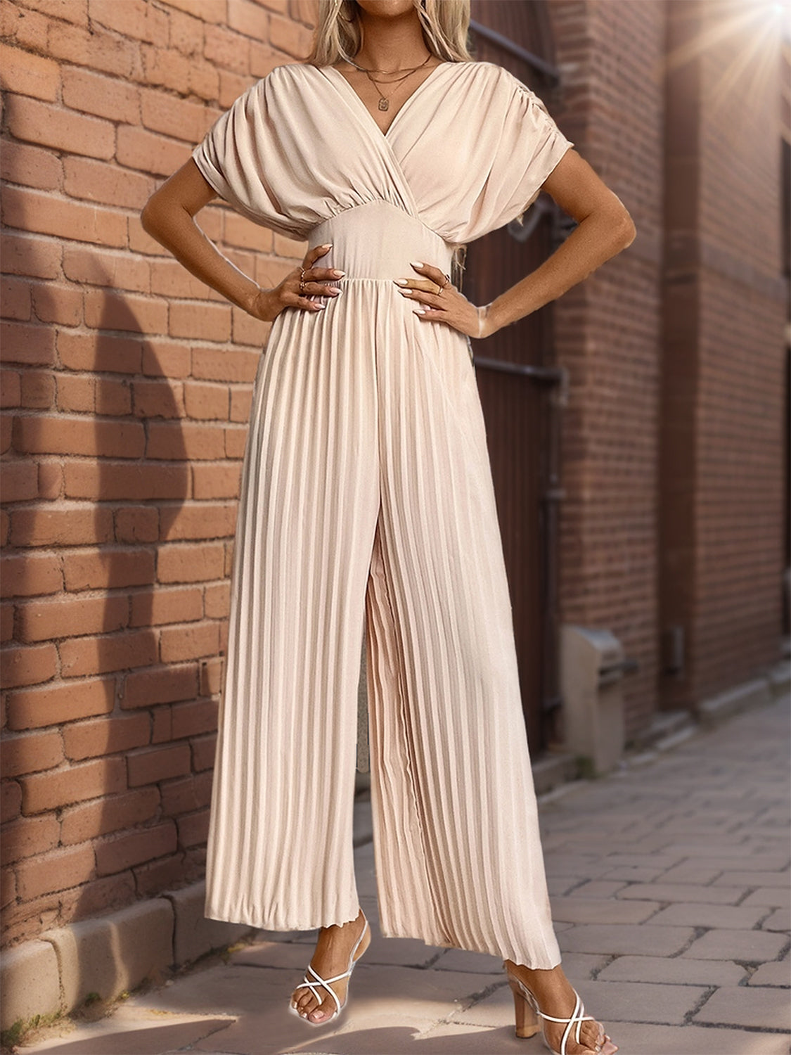 Pleated Short Sleeve Wide Leg Jumpsuit-TOPS / DRESSES-[Adult]-[Female]-Apricot-S-2022 Online Blue Zone Planet