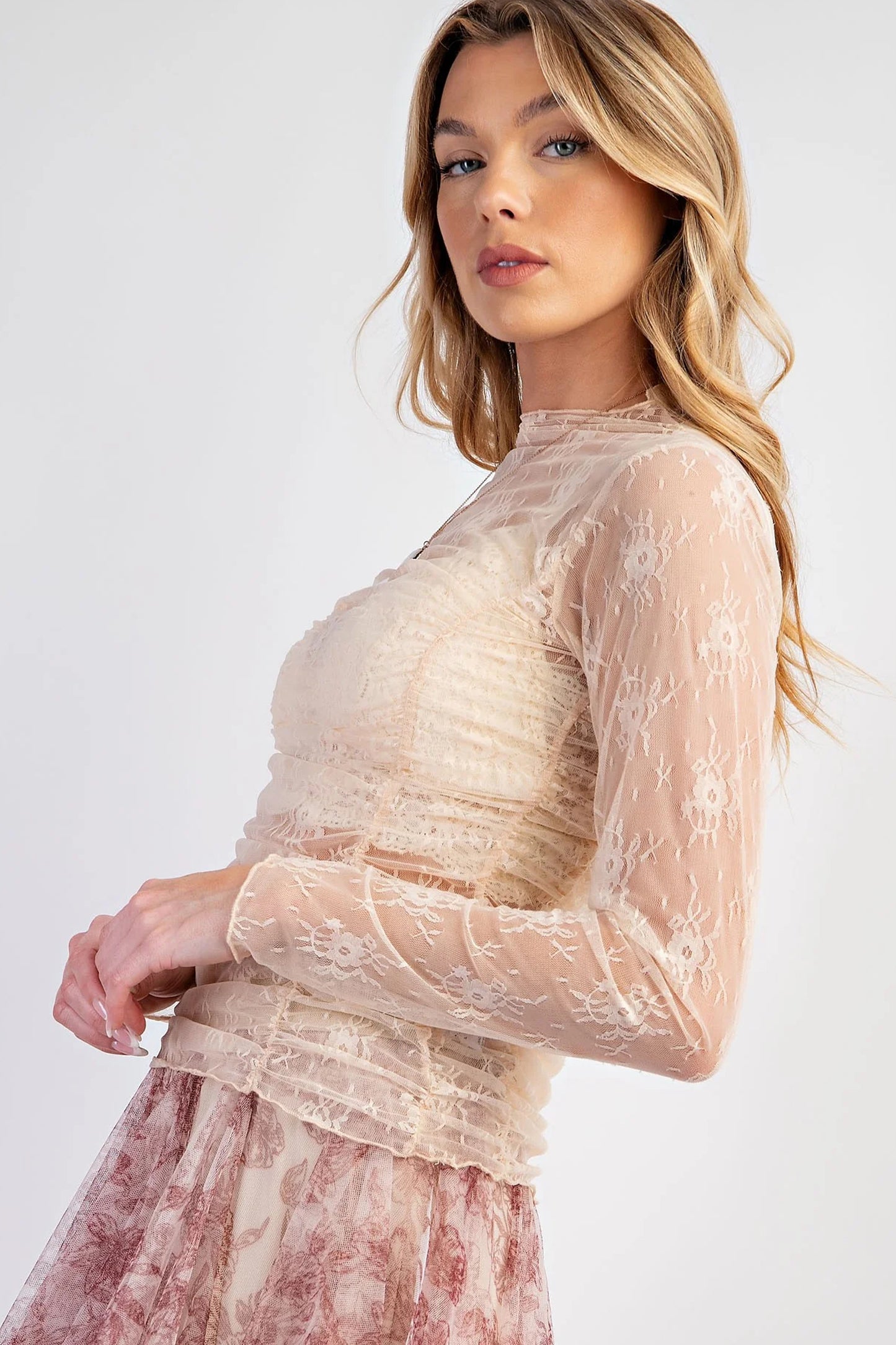 Jet Stream Sheer Floral Mesh Ruched Long Sleeve Top-Tops/Long Sleeve Tops-[Adult]-[Female]-2022 Online Blue Zone Planet