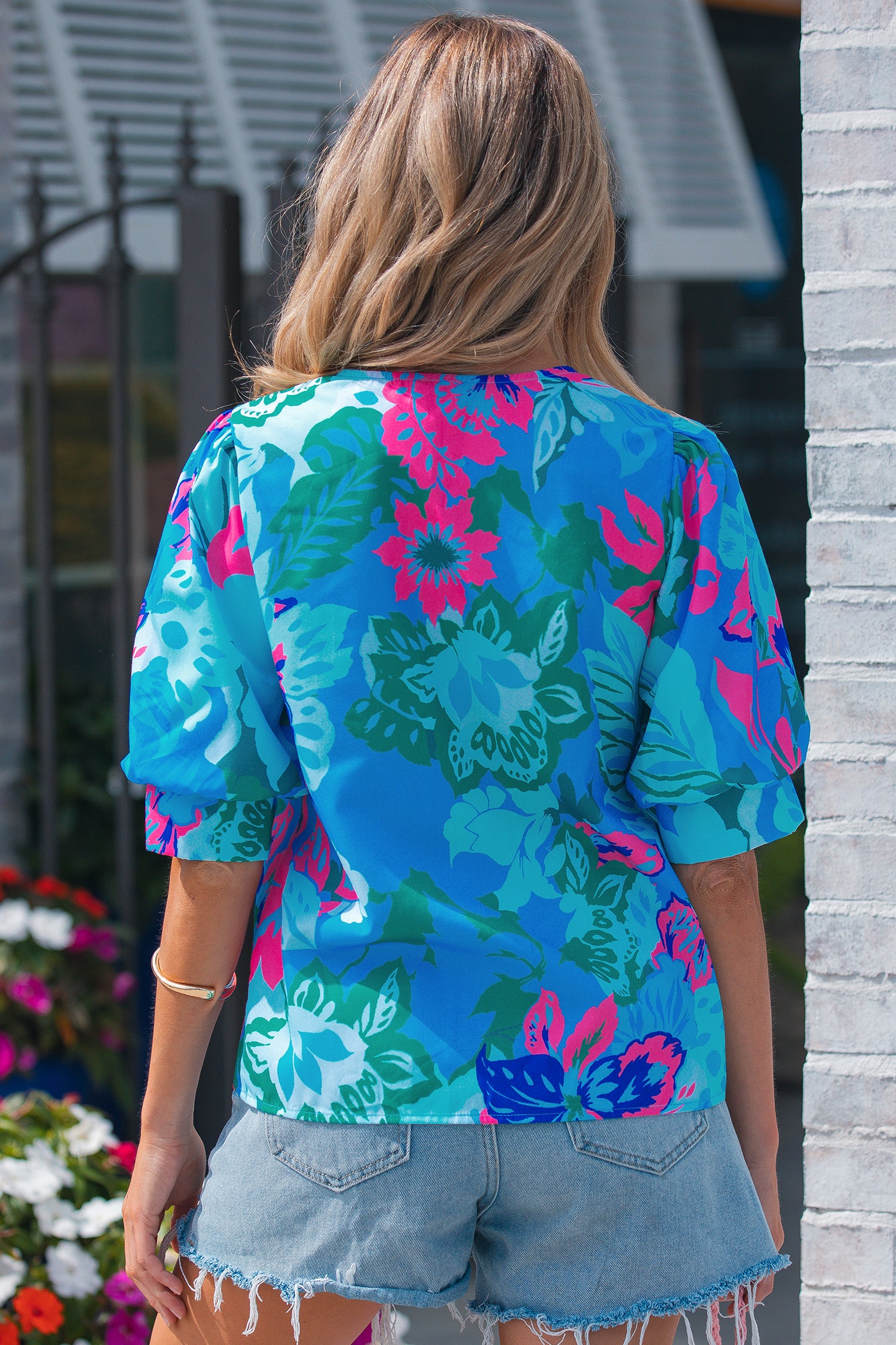 Sky Blue Floral Print V Neck Half Sleeve Blouse-Tops/Blouses & Shirts-[Adult]-[Female]-2022 Online Blue Zone Planet