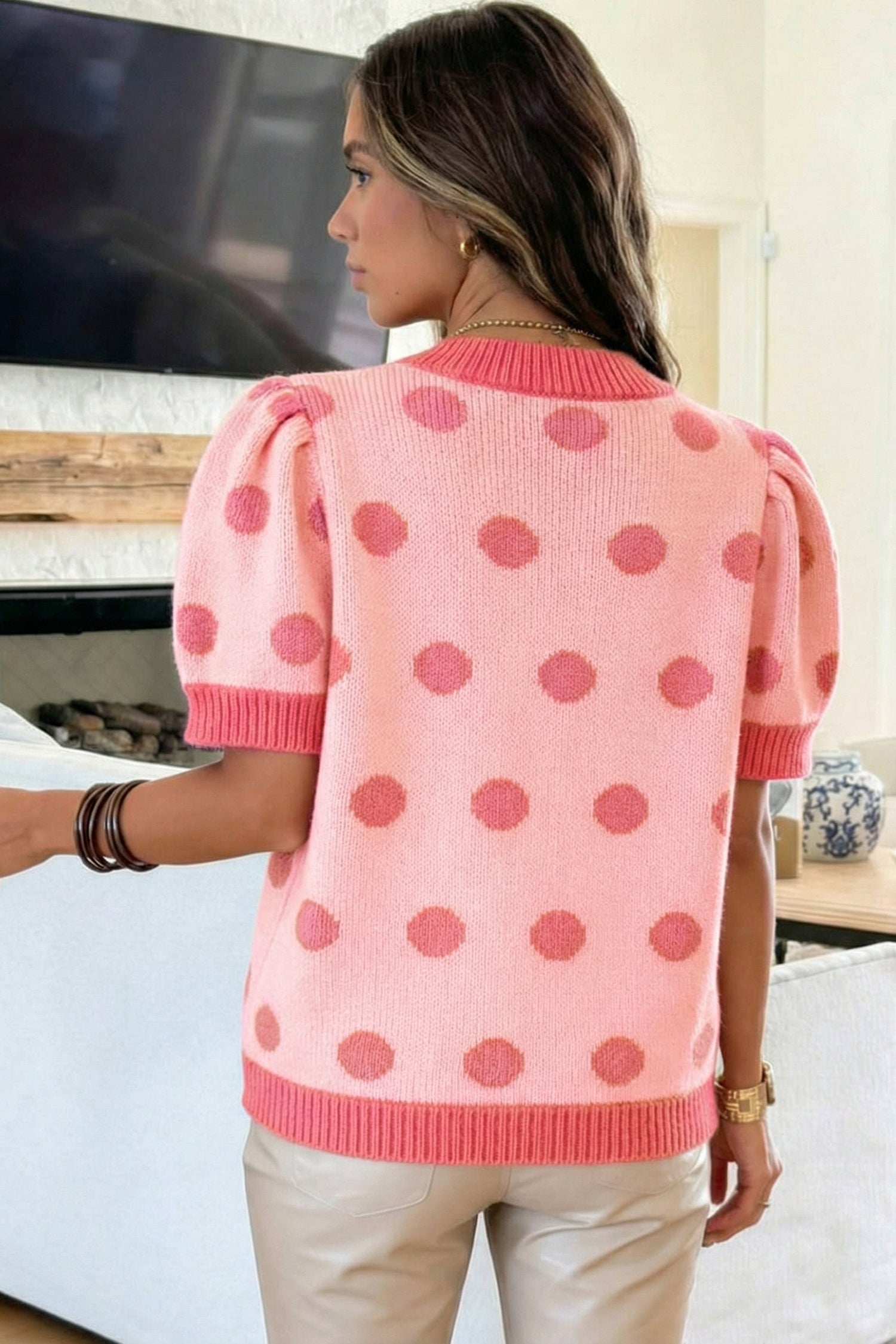 Rose Red Polka Dot Puff Short Sleeve Sweater Top-Sweaters & Cardigans/Short Sleeve Sweaters-[Adult]-[Female]-2022 Online Blue Zone Planet
