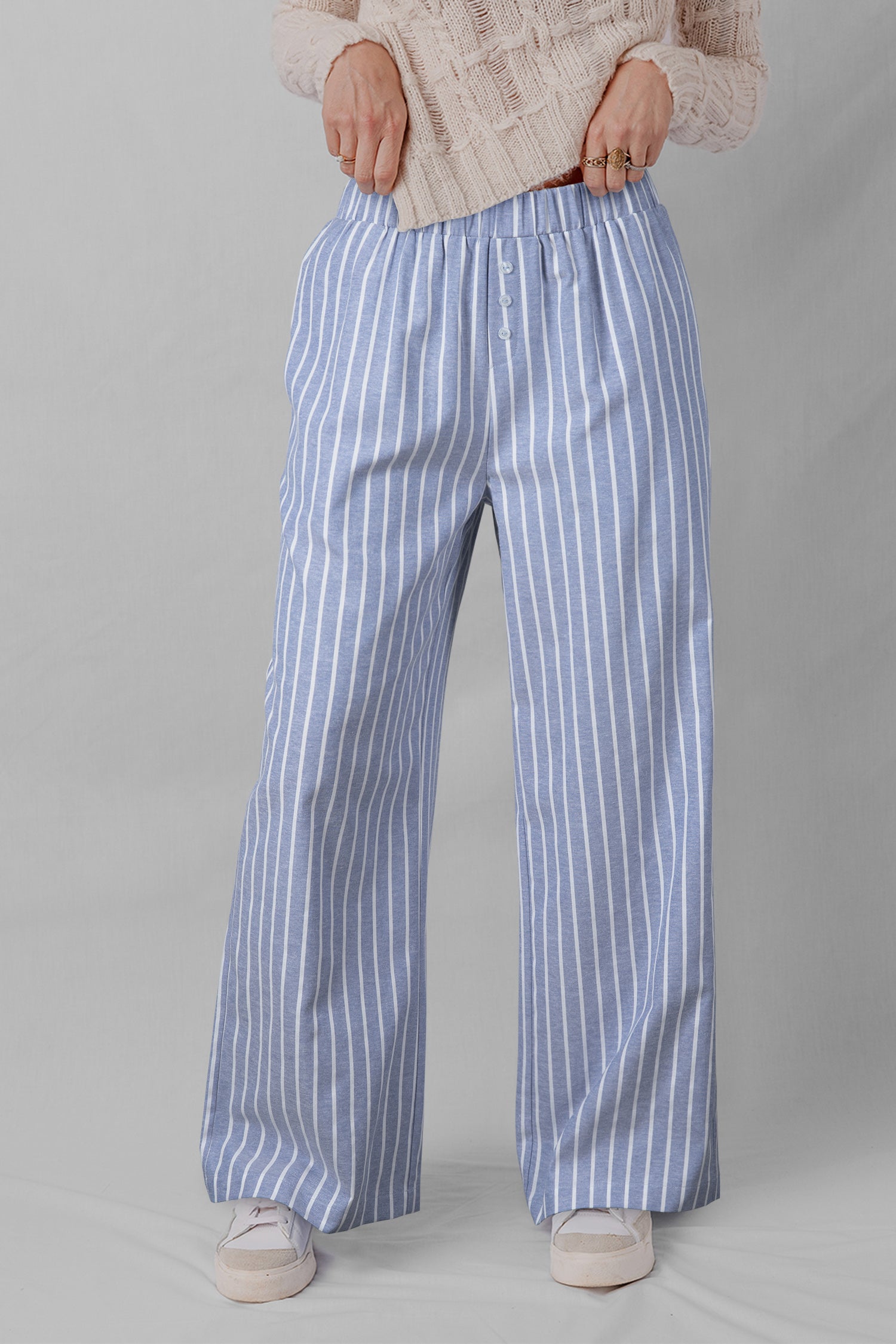 Sky Blue Stripe Buttoned Detail Loose Casual Pants-Bottoms/Pants & Culotte-[Adult]-[Female]-Sky Blue Stripe-S-2022 Online Blue Zone Planet