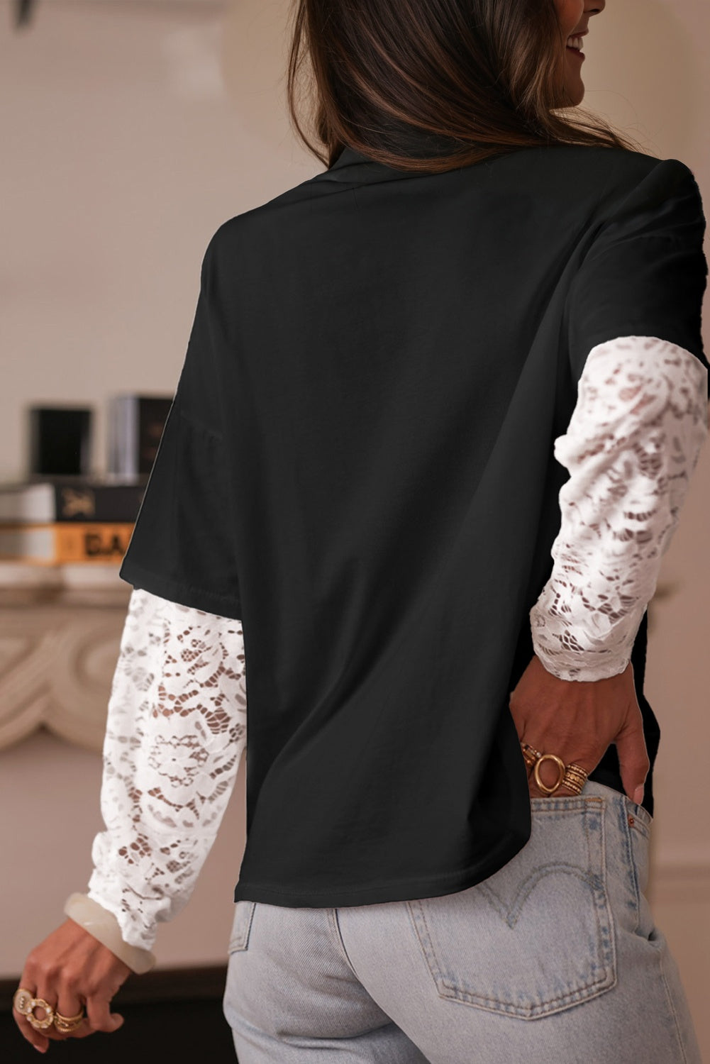 Black Lace Long Sleeve Insert Drop Shoulder Tee-Tops/Long Sleeve Tops-[Adult]-[Female]-2022 Online Blue Zone Planet