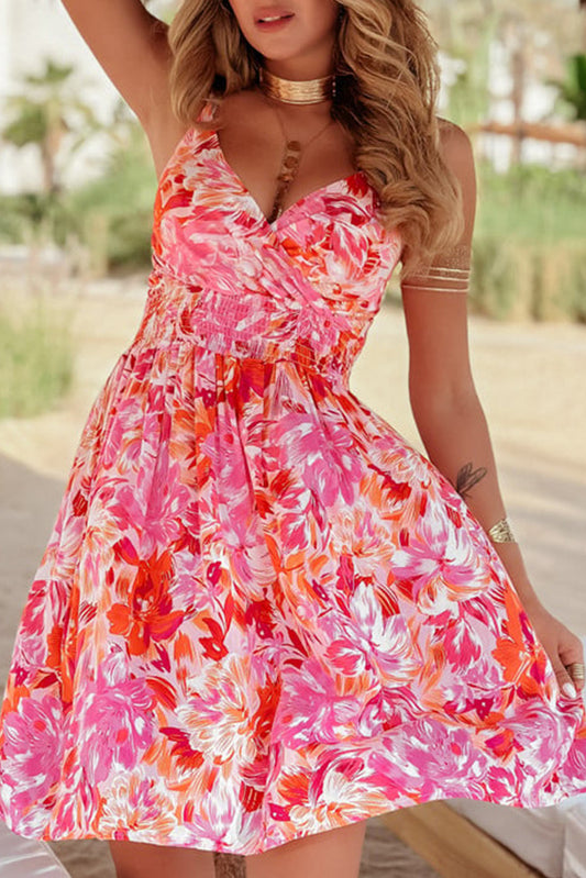Red Floral Spaghetti Strap Surplice Neck Shirred Waist Mini Dress-Dresses/Floral Dresses-[Adult]-[Female]-Red-S-2022 Online Blue Zone Planet