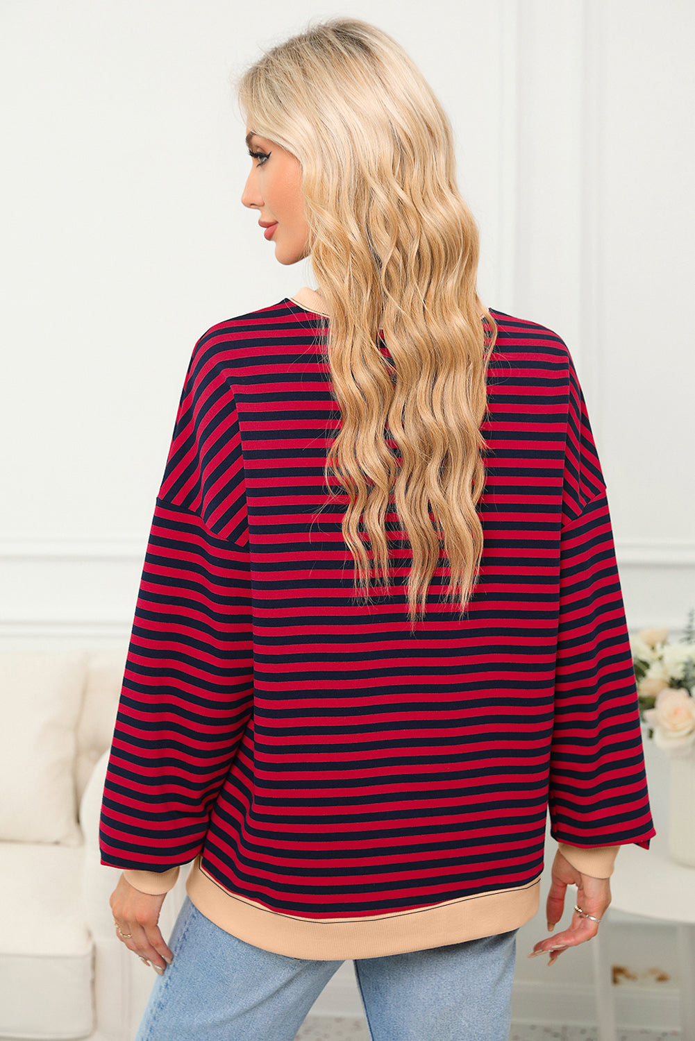 Red Stripe Contrast Ribbed Trim Crossed Stitch Drop Shoulder Sweatshirt-Tops/Sweatshirts & Hoodies-[Adult]-[Female]-2022 Online Blue Zone Planet