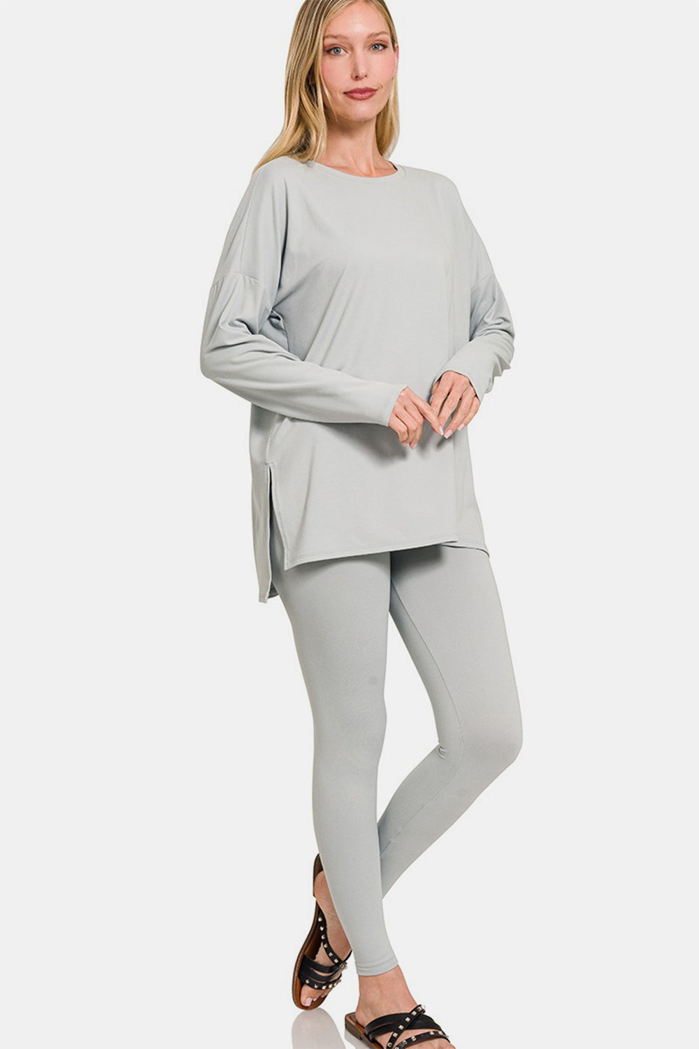 Blue Zone Planet | Zenana Full Size Brushed Microfiber Top and Leggings Lounge Set-TOPS / DRESSES-[Adult]-[Female]-Lt Grey-S-2022 Online Blue Zone Planet