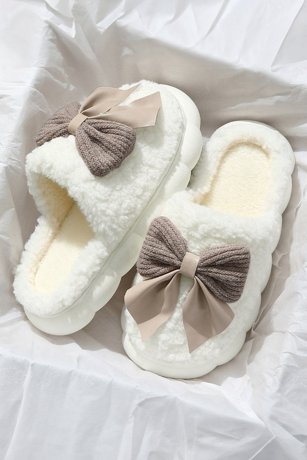 Blue Zone Planet | Pink Contrast Bowknot Applique Plush Winter Slippers-SHOES-[Adult]-[Female]-White-37-2022 Online Blue Zone Planet