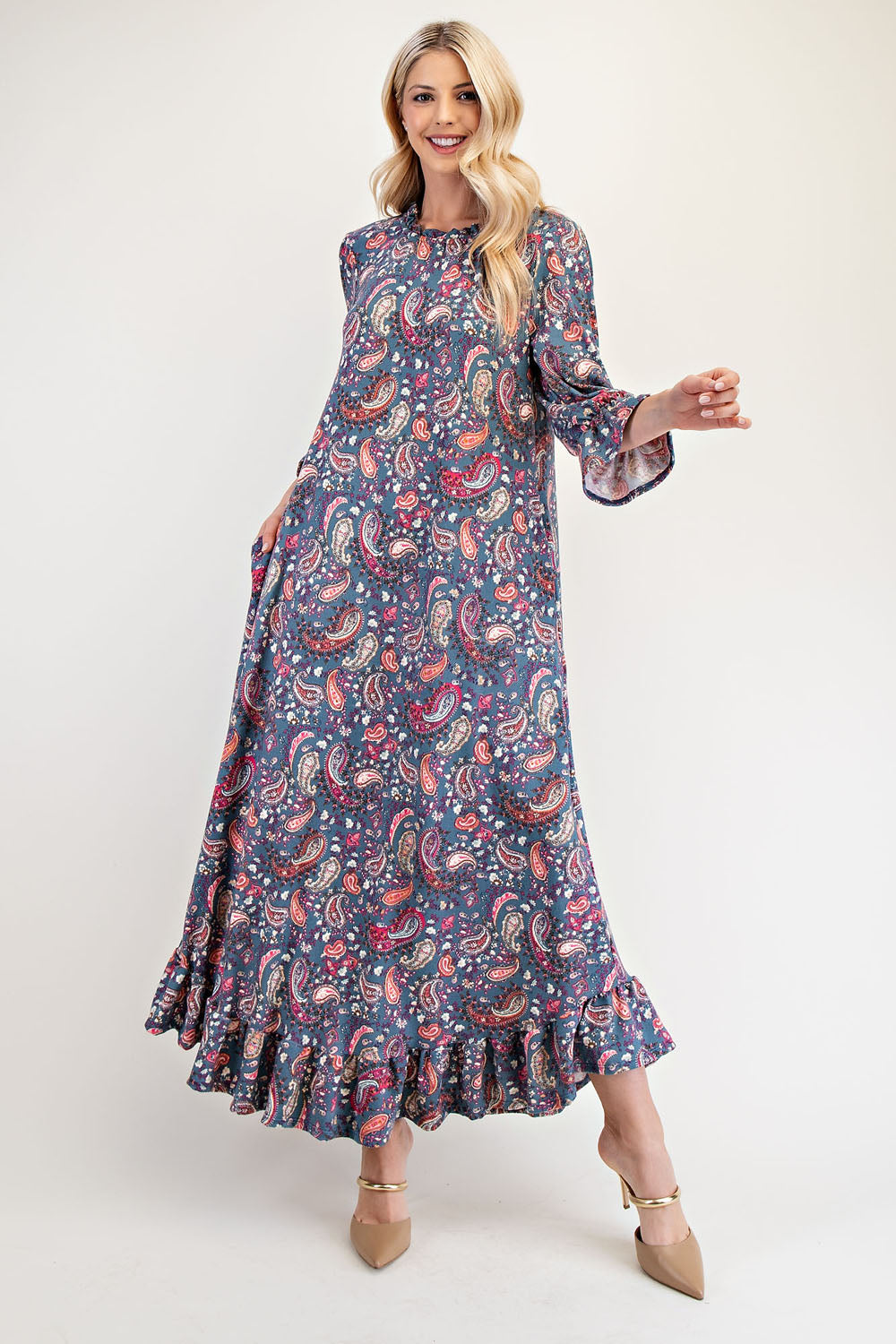 Blue Zone Planet | Celeste Full Size Ruffle Hem Paisley Round Neck Dress-TOPS / DRESSES-[Adult]-[Female]-2022 Online Blue Zone Planet